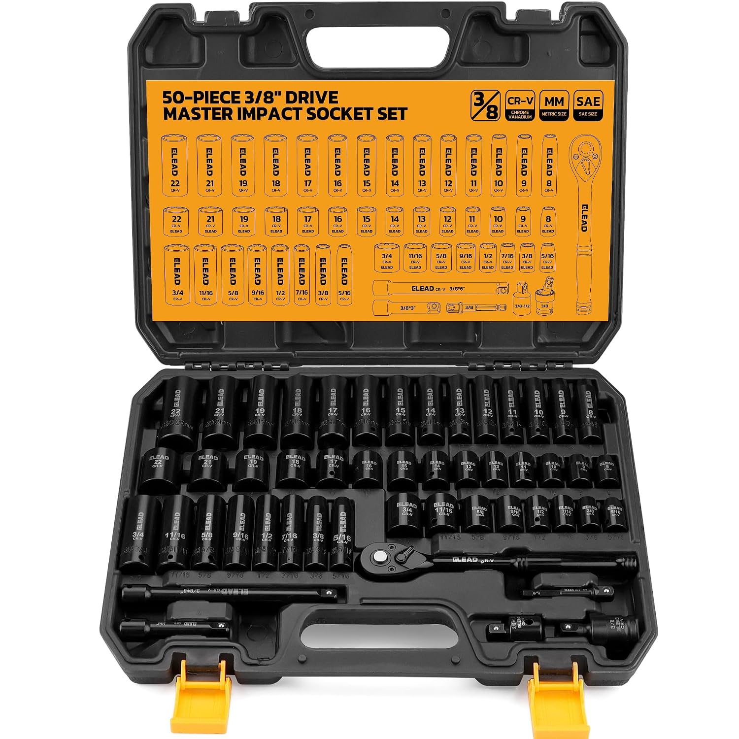 ELEAD 3/8 in Drive 50-Piece Socket Set SAE 5/16 in to 3/4 in and Metric 8-22mm 6-Point CR-V Steel Deep and Shallow Sockets with Ratchet Handle Extension Bars Universal Joint and Adapter