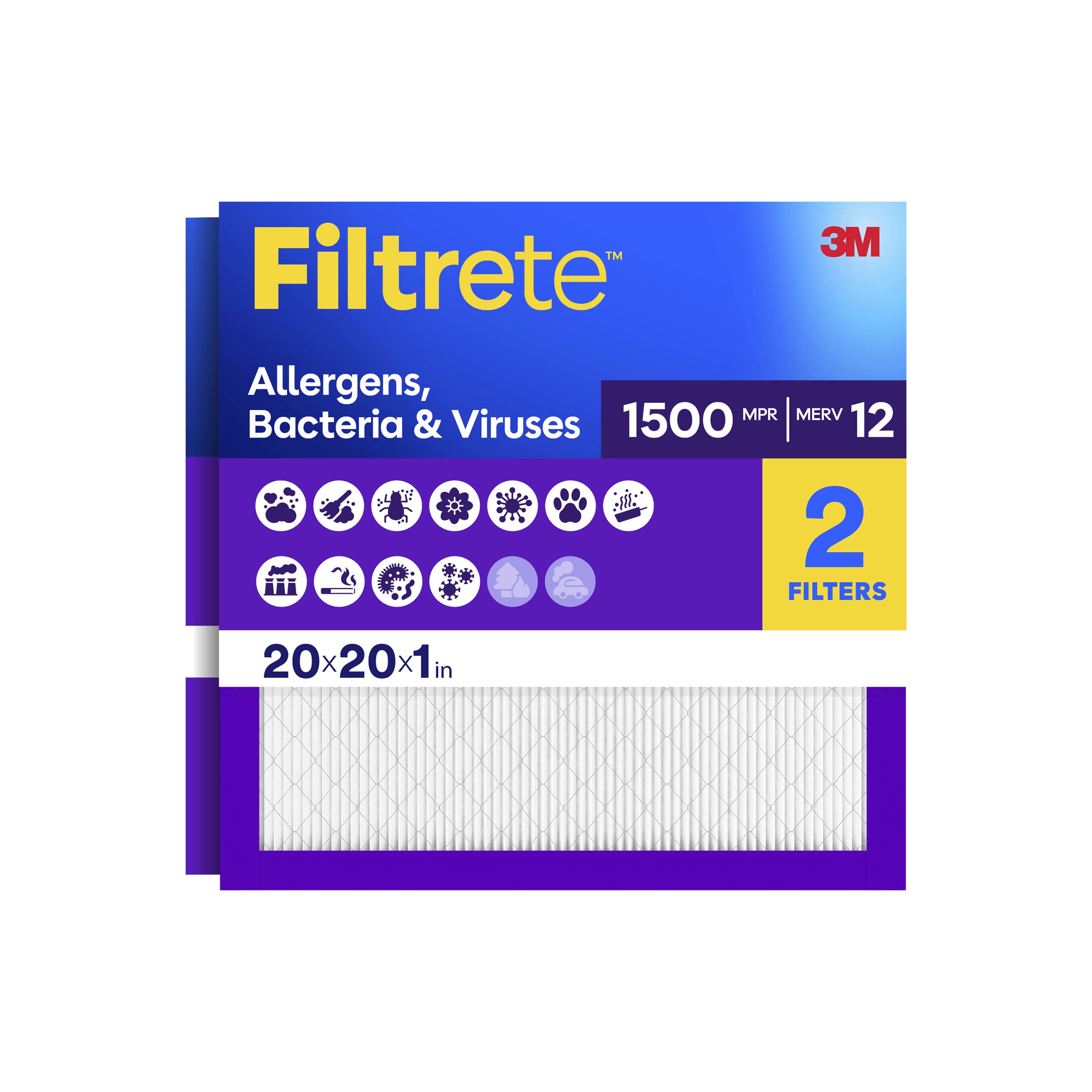 Filtrete 20 x 20 x 1 MERV 12 1500 MPR Allergen, Bacteria and Virus Electrostatic Pleated Air Filter 2 -Pack
