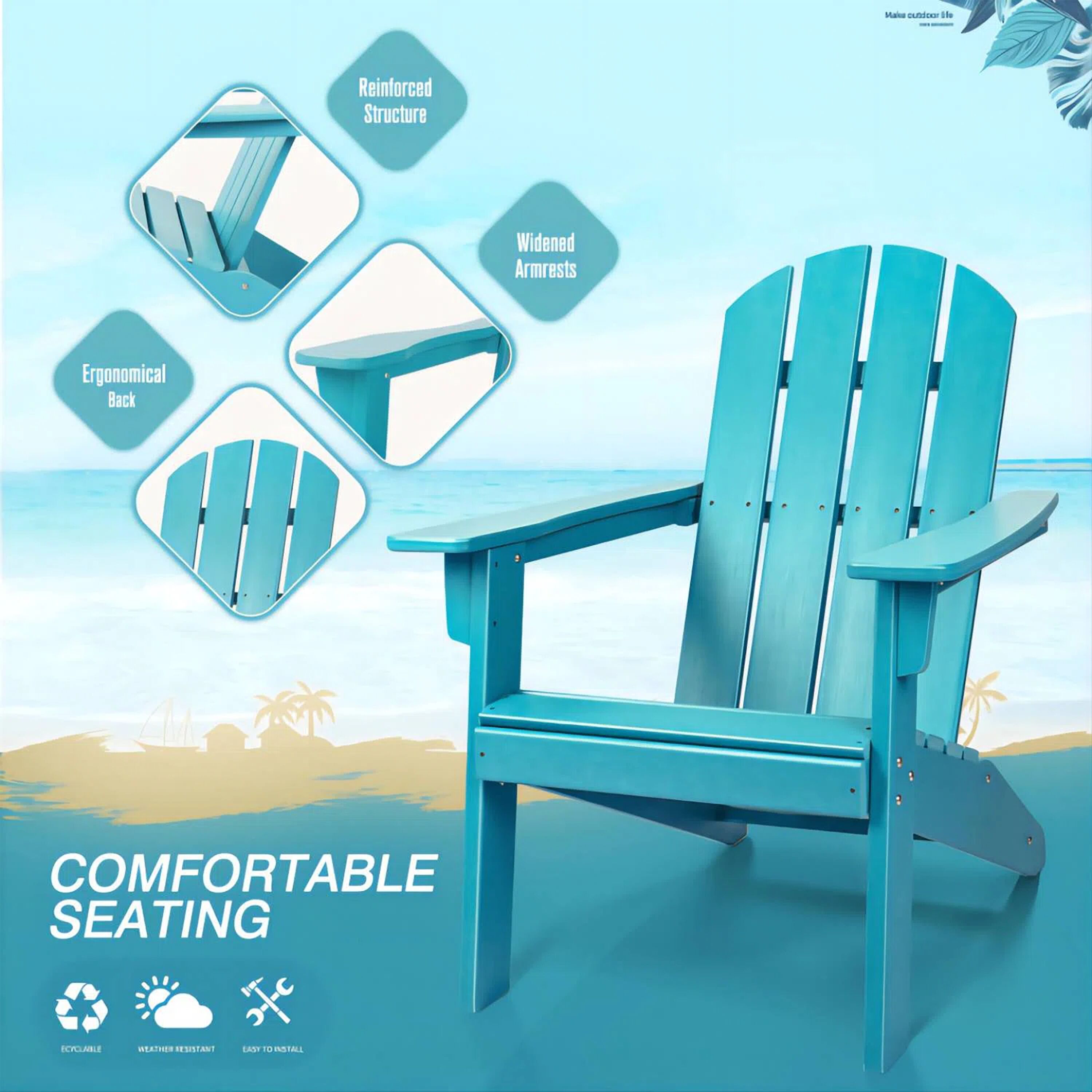 Vineego Blue Plastic Adirondack Chair - Durable HDPE Material ...