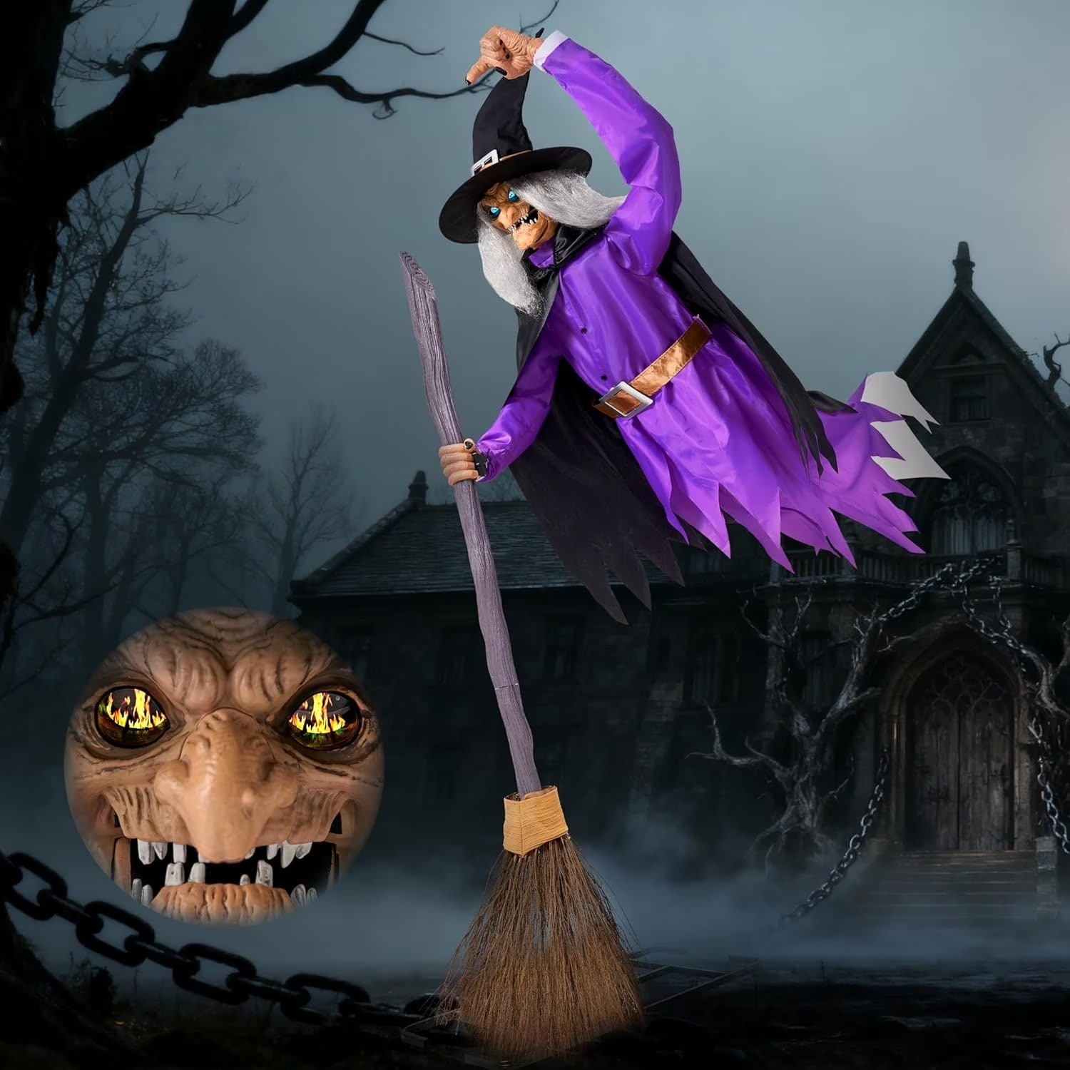 Joyfy Life-Size Flying Witch with Rotating Head and Jaw