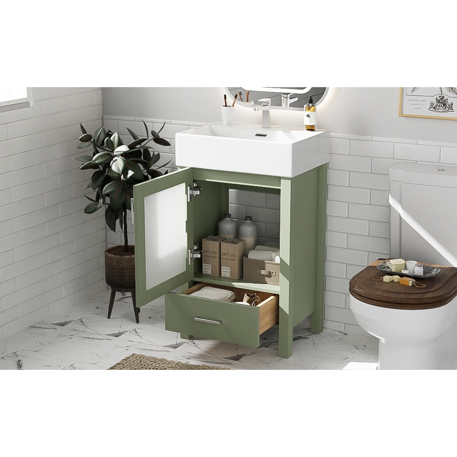 Watnature Storage-Focused Bathroom Vanity Sage Green 20-Inch With
