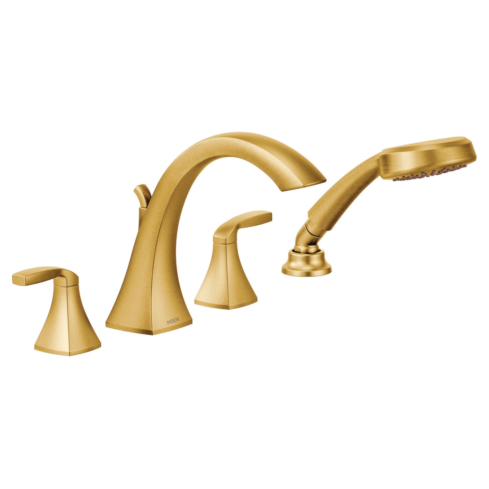 Moen Voss Brushed Gold 2 Handle Deck Mount Roman High Arc Bathtub Faucet With Hand Shower In The 3412