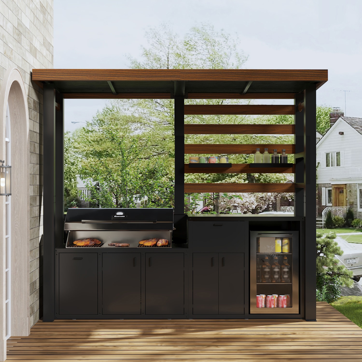 MIDHAM Outdoor Kitchen Grill Station with Galvanized Steel Roof Stainless Steel Prep Table Storage Cabinets and Trash Bin for Patio BBQ