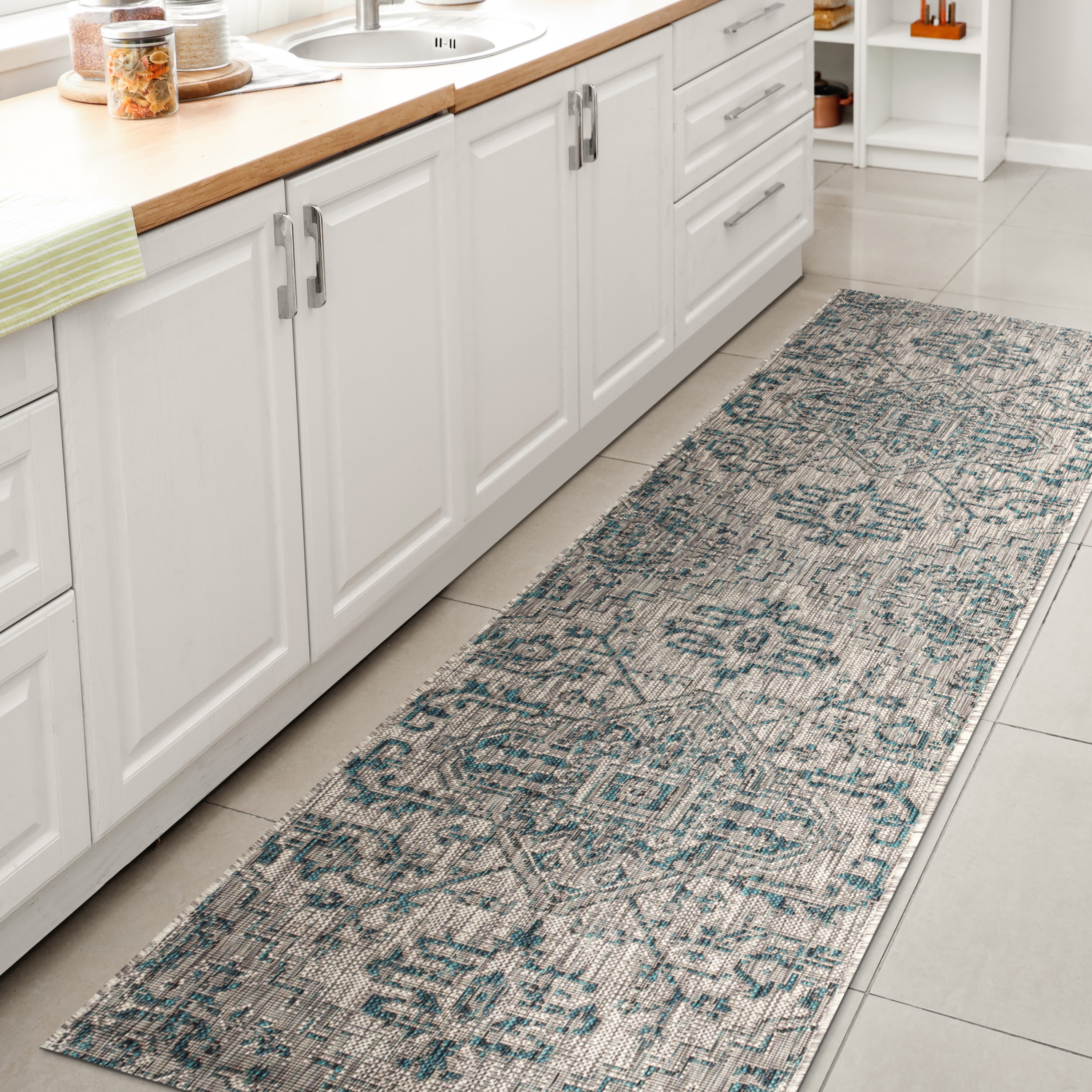 JONATHAN  Y SMB105C-28 Santa Monica Estrella Textured Weave 2 x 8 (ft) Loomed Polypropylene Teal/Gray Rectangular Indoor/Outdoor Border Coastal Runner rug