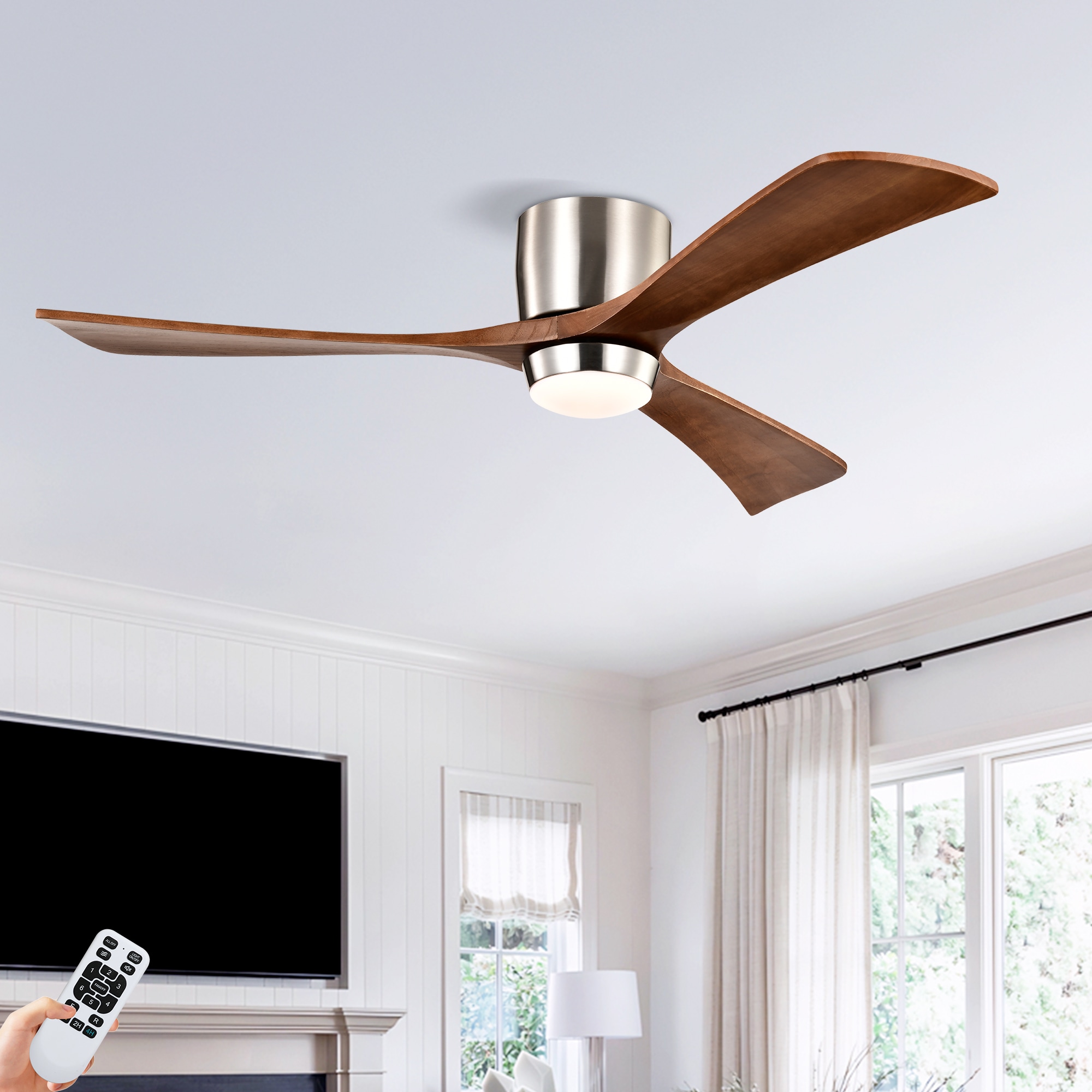 YOTOO 52 Inch Flush Mount Ceiling Fan with Light Sand Nickel Housing Red Walnut Solid Wood Blades 15W 3 Color LED 30W DC Reversible Quiet Motor 6 Speed 1H 4H Timing Remote Control for Bedroom Living Room