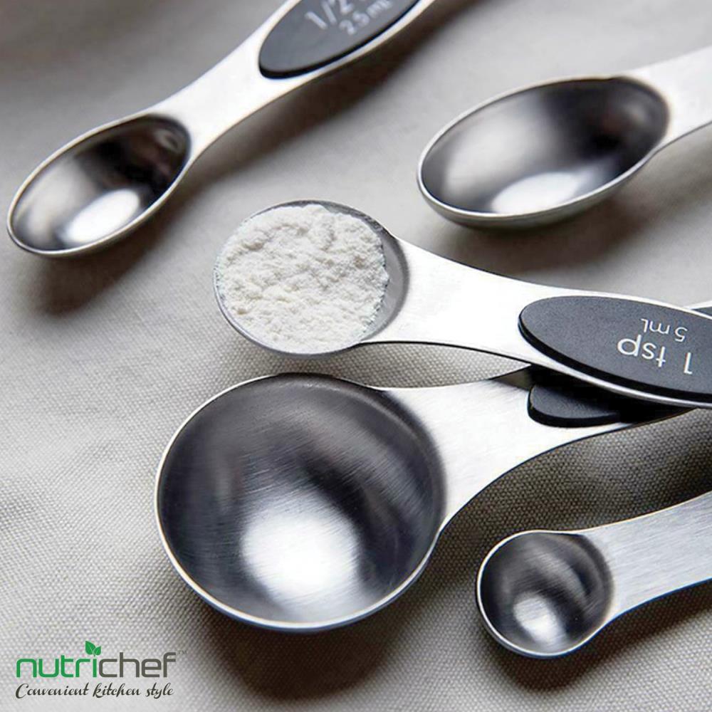 NutriChef Silver 6-Piece Magnetic Measuring Spoon Set, Pro Kitchen Spoons, Ideal for Dry Powders & Wet Ingredients, Metallic Finish