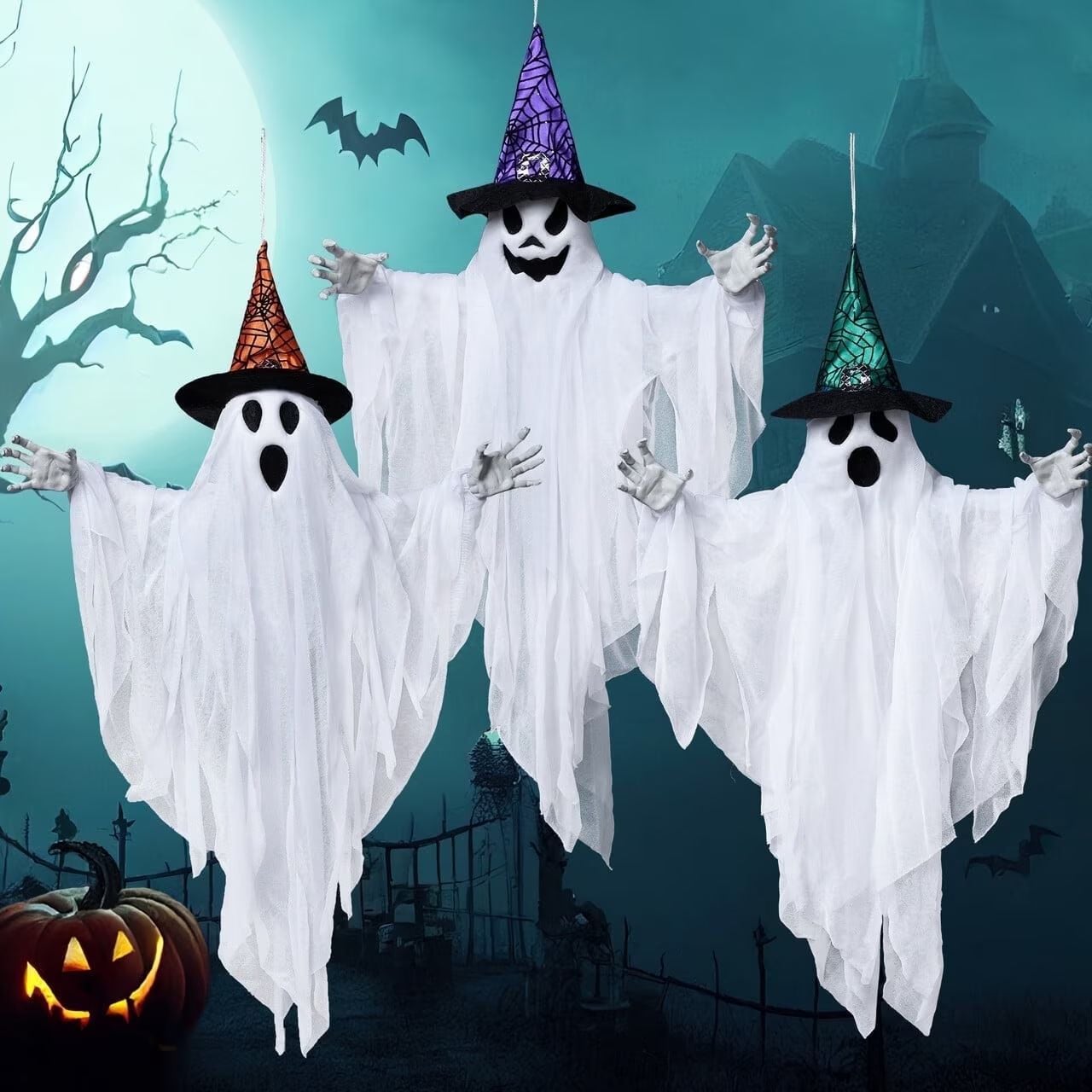 Joyfy  3Pcs 24.8 Halloween Hanging Ghost with Hats
