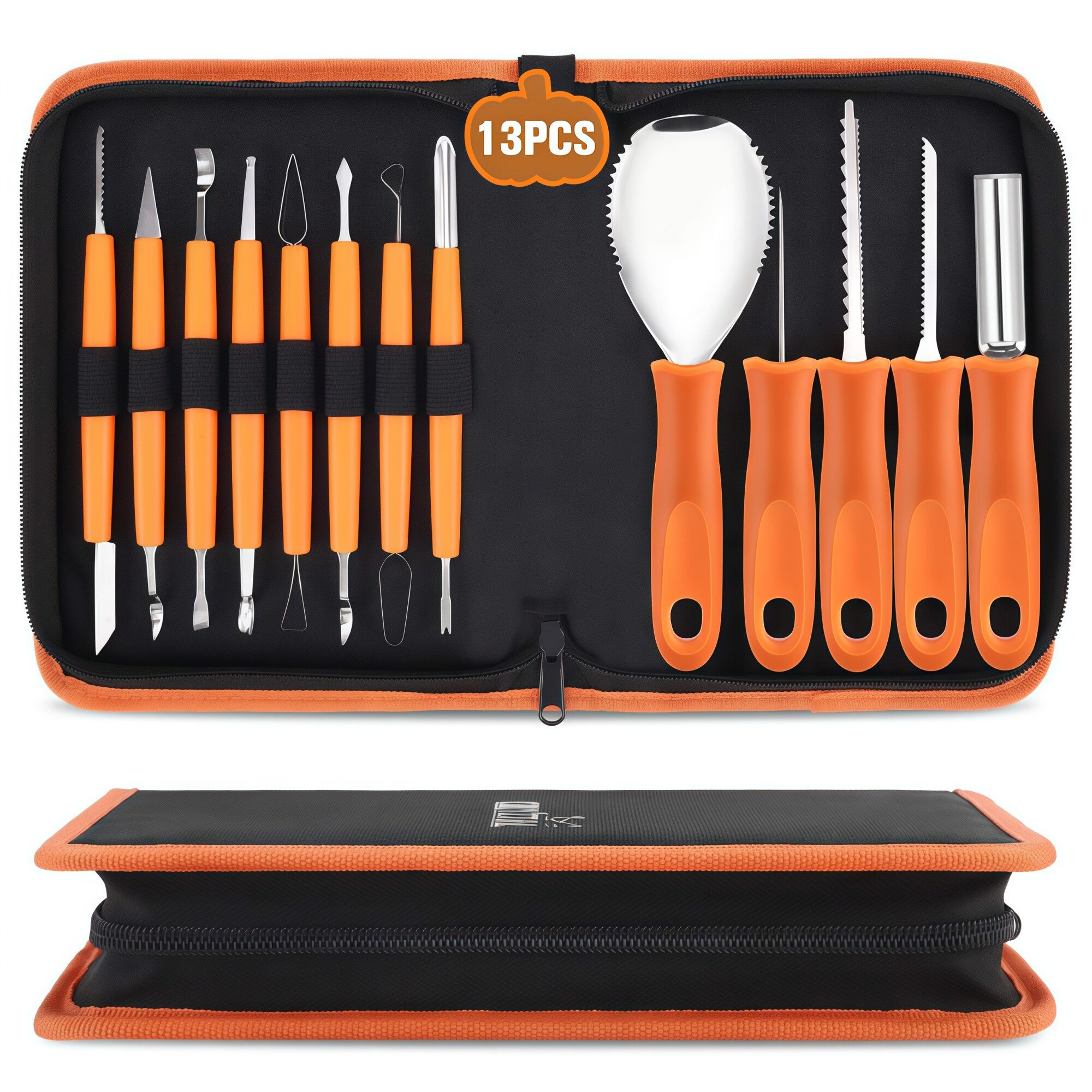 Numhew Pumpkin Carving Tool Kit Orange Stainless Steel 13-Piece with Case