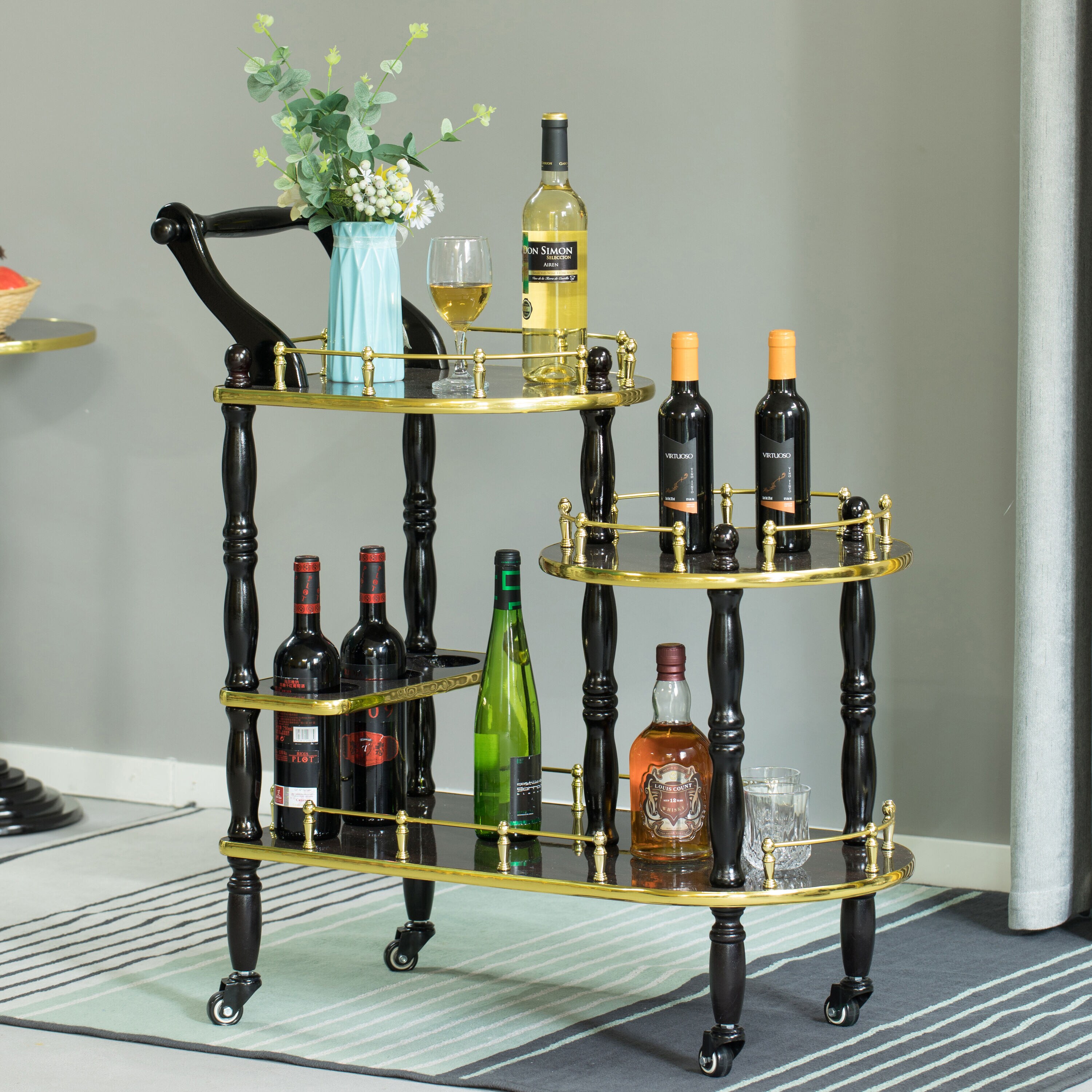 Fabulae White Wood 3-Tier Rolling Bar Cart with Wine Storage