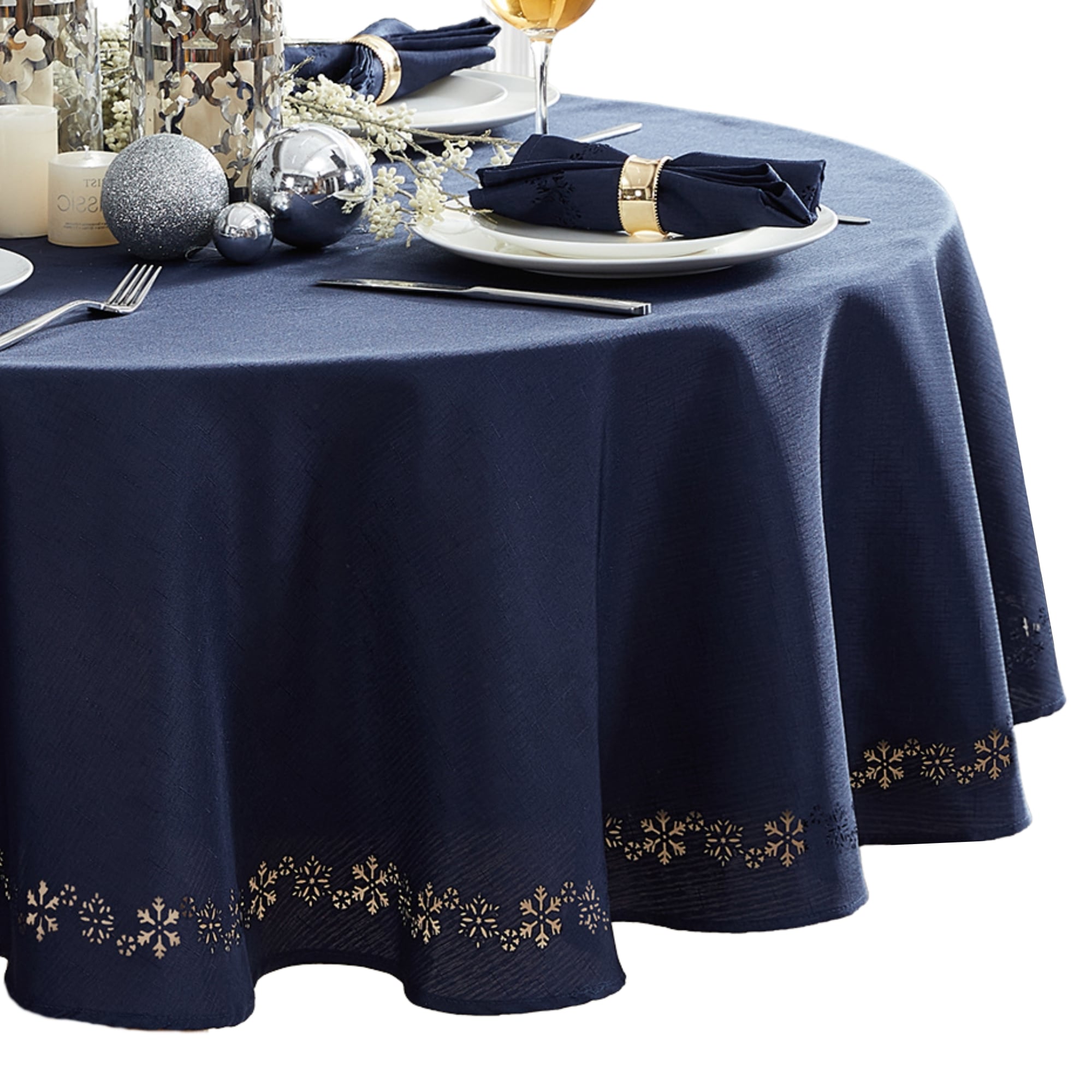 Elrene Home Fashions 194590301712 Snowflake Laser Cut 70 in. Round Indoor Blue Table Cover for 60-in round