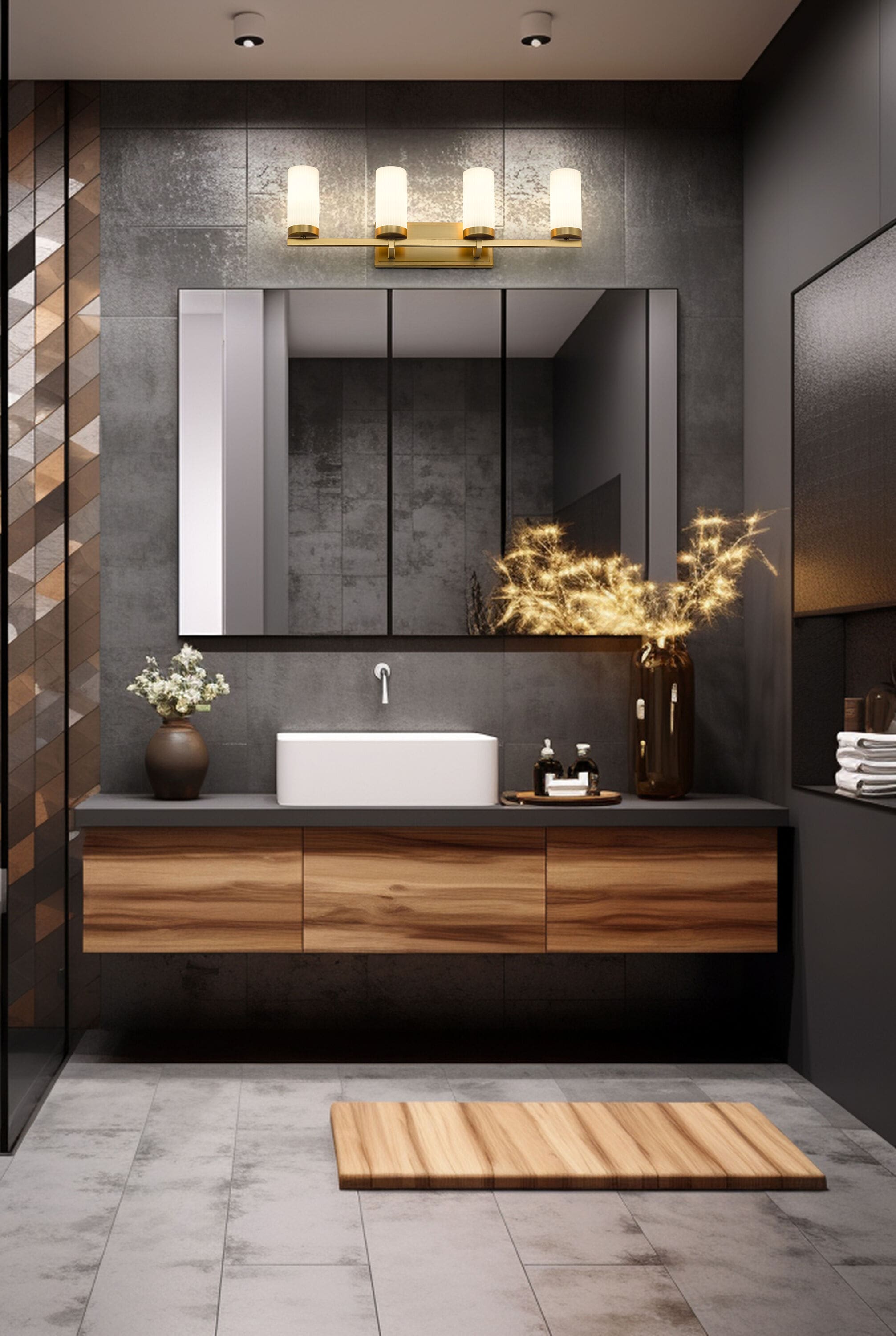 Modern Gold Vanity Light with Frosted White Glass Shades