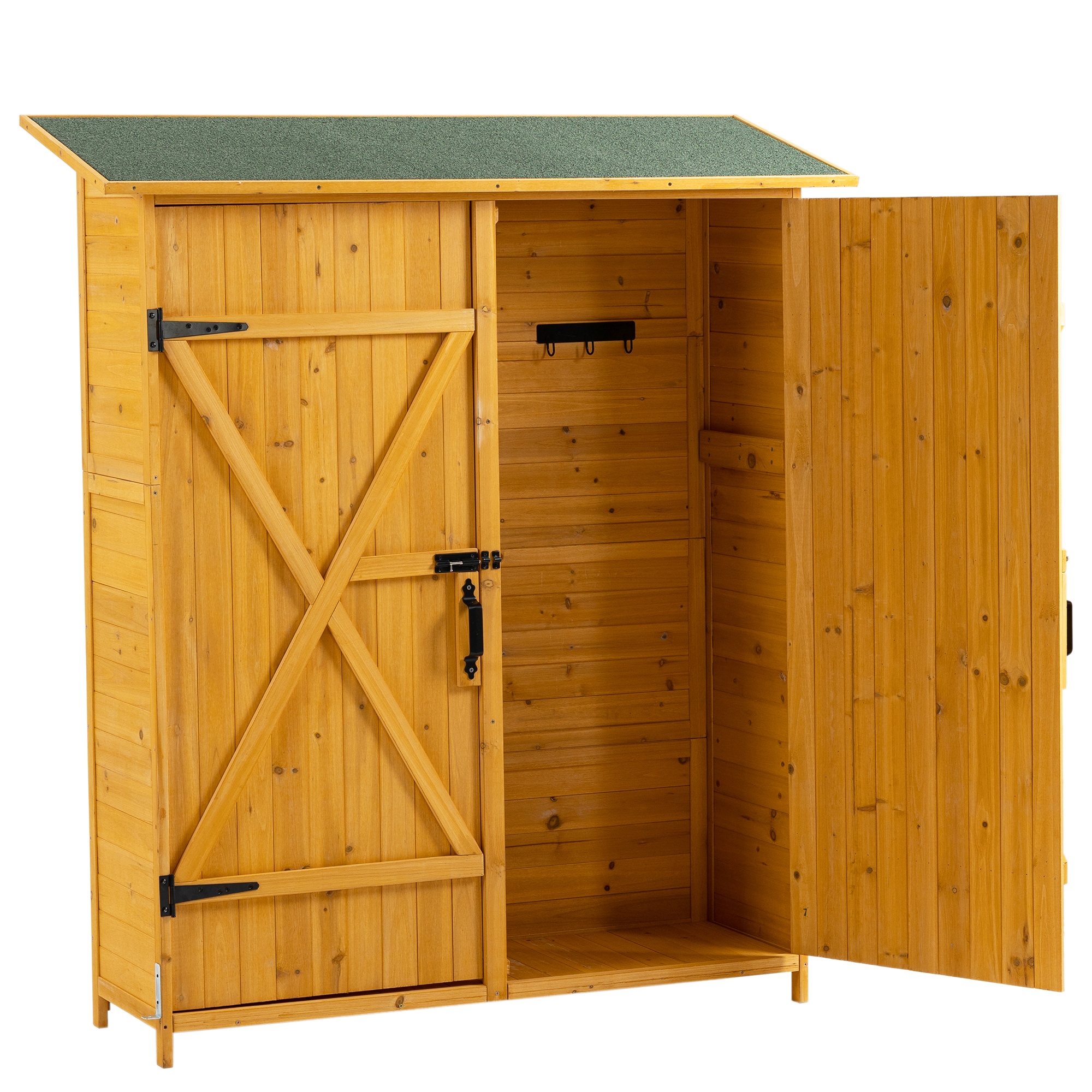 LOVMOR SF-M-W1422S00027 56InchL x 19 5InchW x 64InchH Outdoor Storage Shed with Lockable Door Wooden Tool Storage Shed w Detachable Shelves and Pitch Roof Natural
