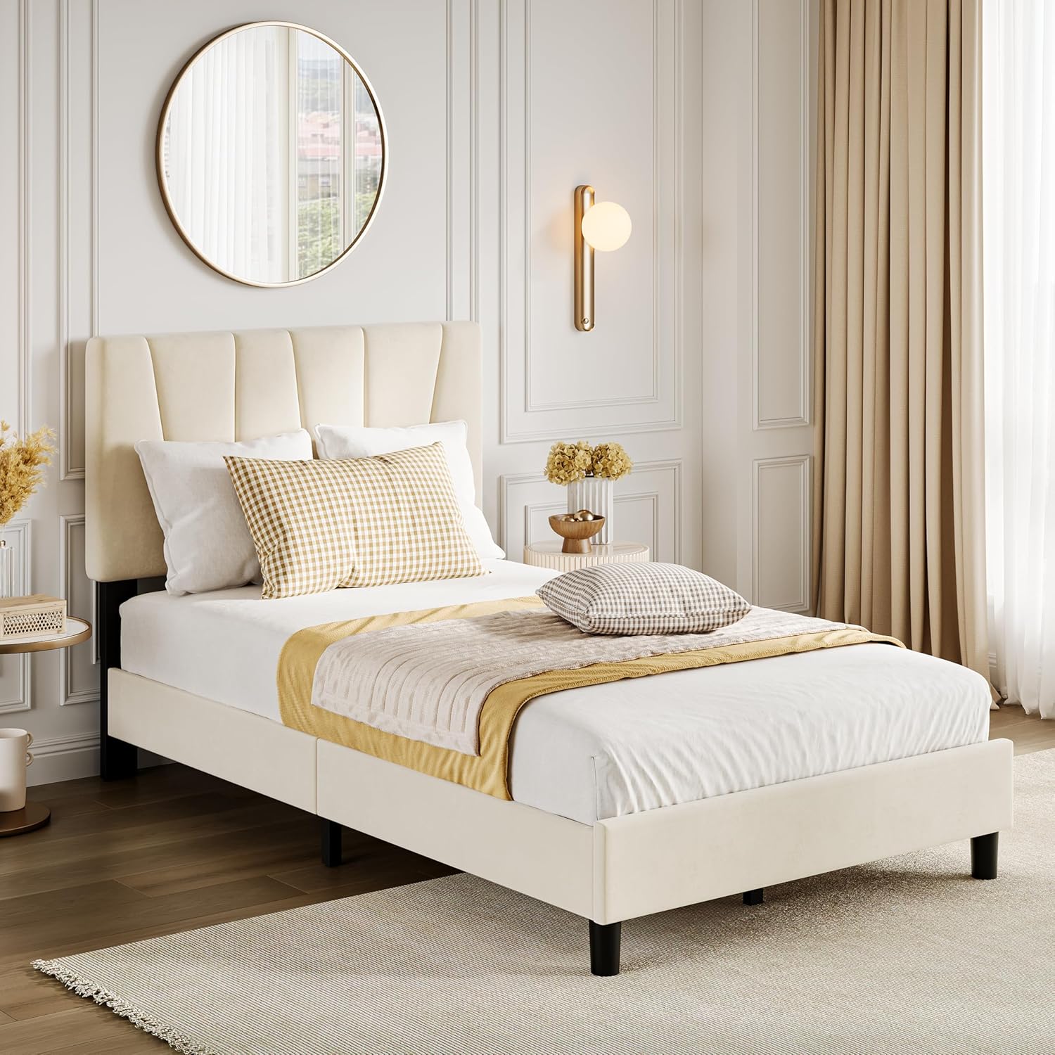 Qeetex LHF-BED-PHO-108YDS8I Queen Bed Frame with Headboard Linen Upholstered Platform Bed with Adjustable Diagonal Channel Tufted Headboard Mattress Foundation with Strong Wooden Slats Box Spring Optional Beige