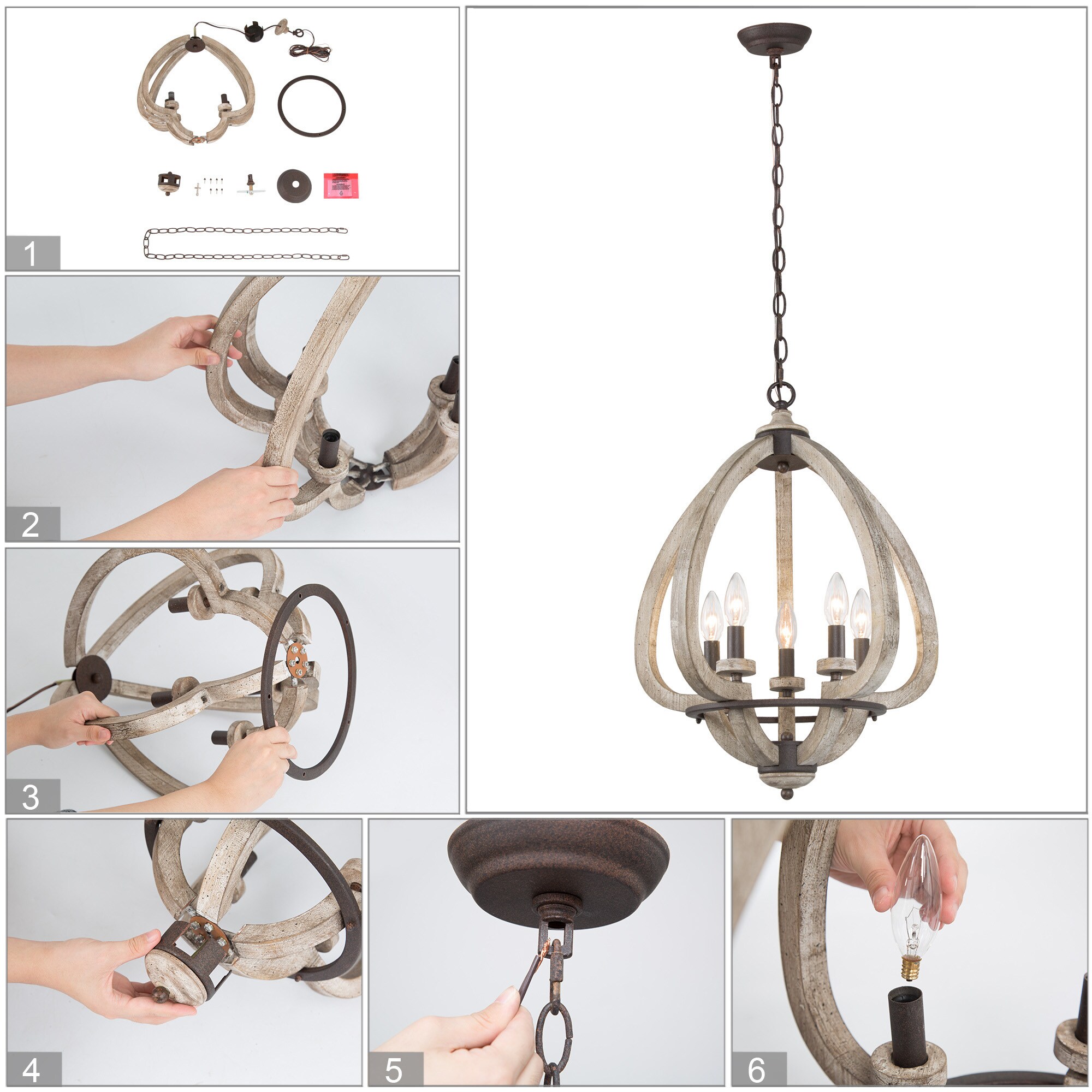 Uolfin 5-Light Weathered Gray Farmhouse LED Dry rated Chandelier in the ...