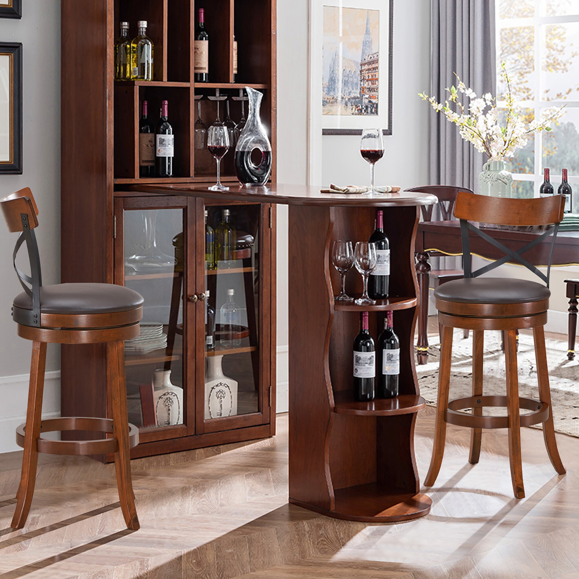 Set of 2 Walnut and Black Swivel Bar Stools with Rubberwood Legs