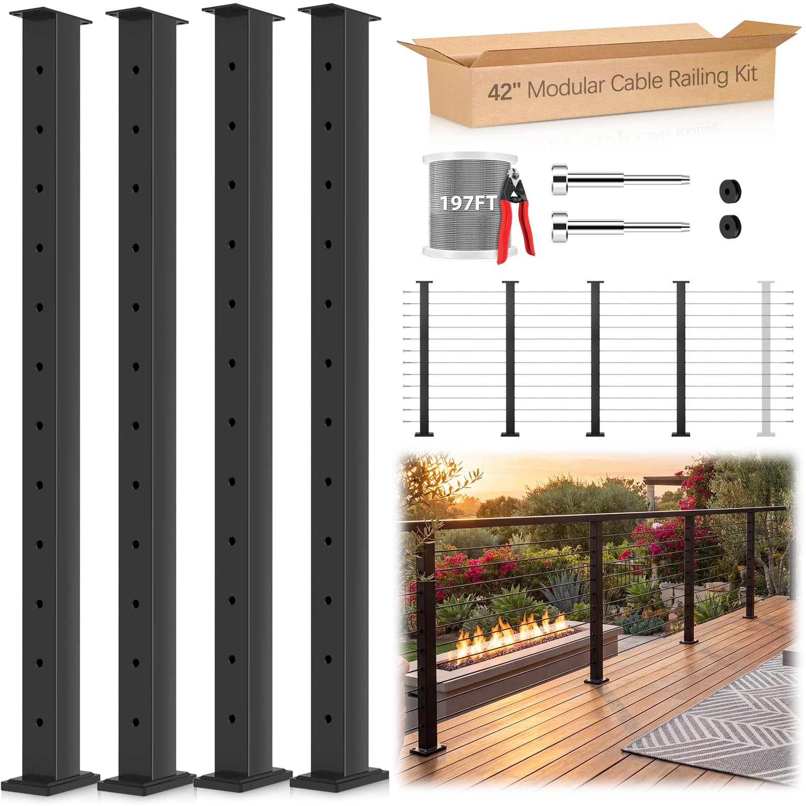 Misopily  42 Inch Cable Railing Post Kit 4 Pack Fixed Top Level Line Post System with 197 Foot Cable 24 Terminal 96 Grommets for Deck