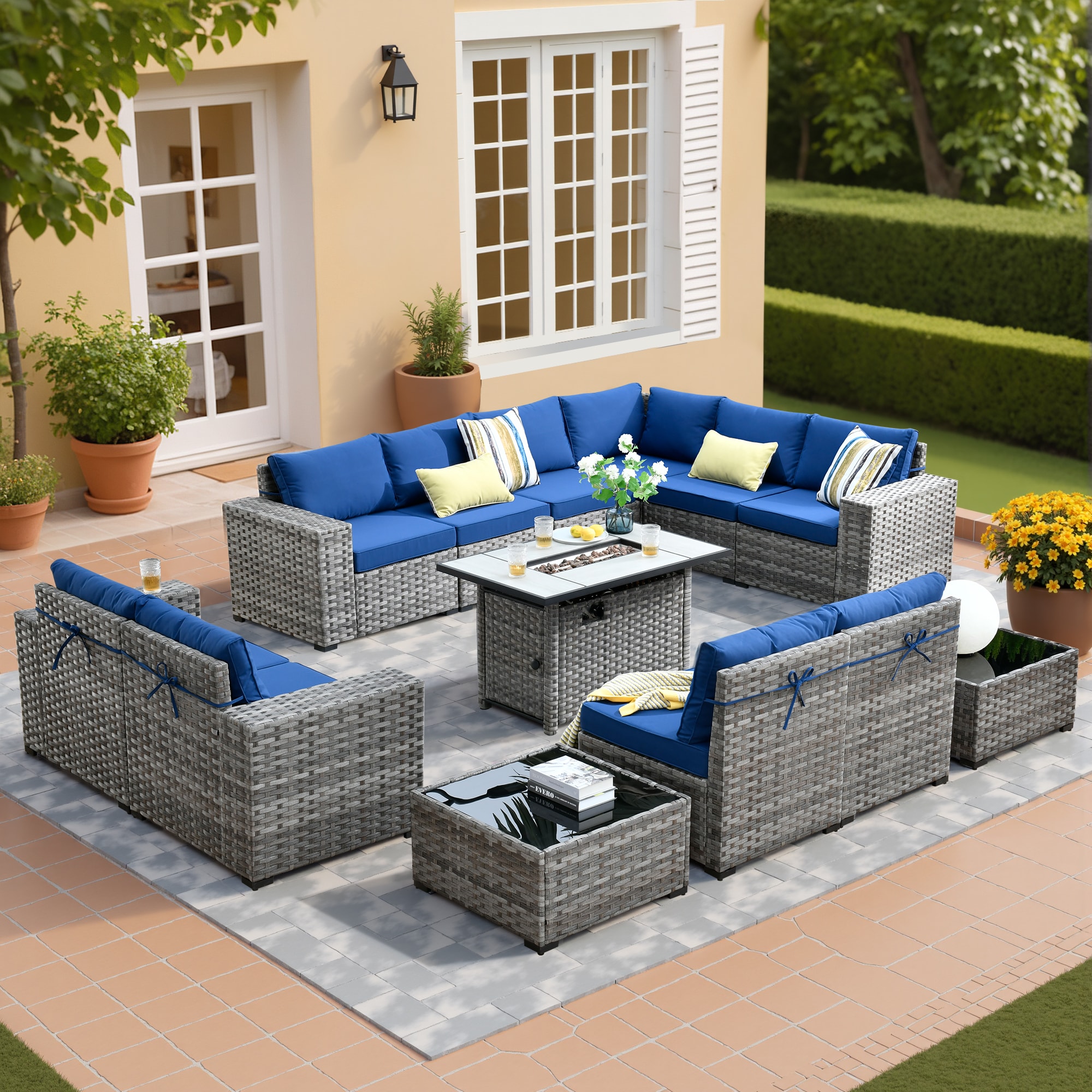 Pouuin SRFPBBR7013 13 -Piece Rattan Patio Conversation Set with Blue Cushions