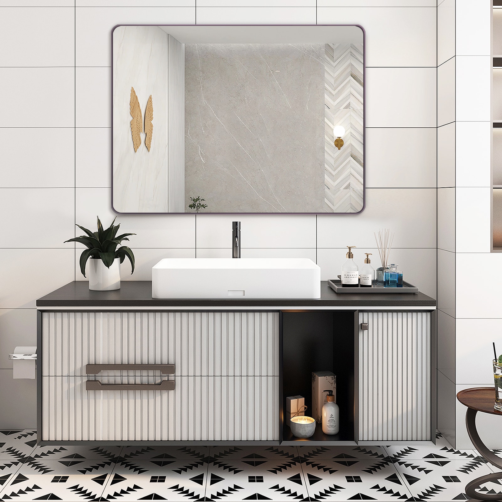 WELLFOR BFB66DHT-WF 48-Inches x 36-Inches Framed Rectangle Bathroom Vanity Mirror ( Oil Rubbed Bronze )