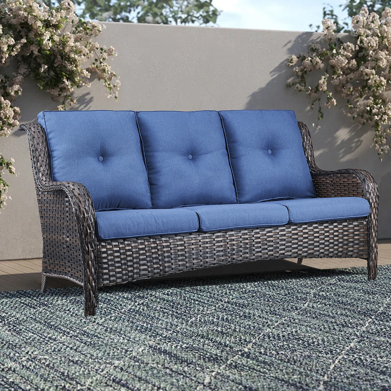 Rilyson Curved handrail Wicker Outdoor Sofa with Blue Cushions and ...