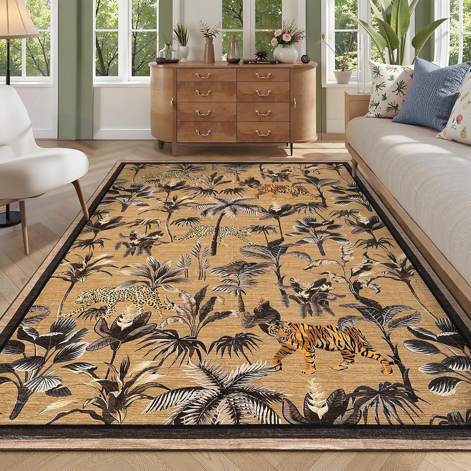 IdealHouse Living Room Rug 8x10 ft Tiger Rugs Tropical Jungle Plant Rugs Washable Rug Non Slip Non Shedding Throw Cover Low Pile Stain Resistant Carpet for Home Decor Camel #JOEY-DLGMO1BZRKC6
