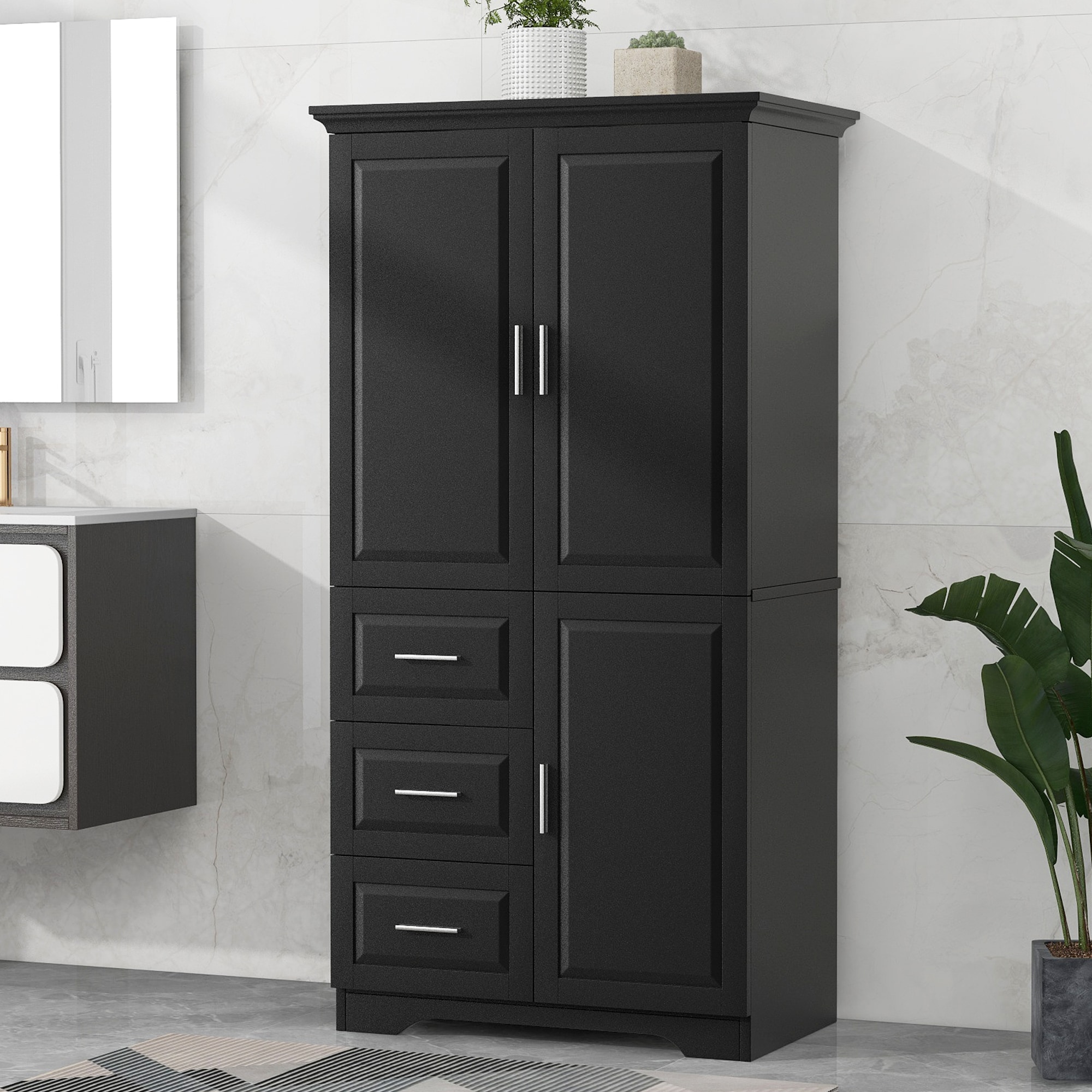 Boho Havens Tall and Wide Storage Cabinet with Doors for Bathroom Office Three Drawers Black