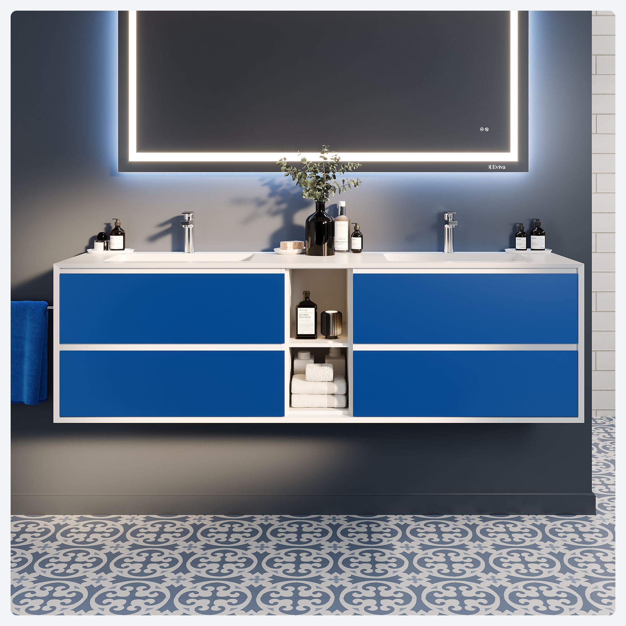 Eviva EVVN777-75BLU-WH Vienna 75-in Blue / White Frame Double sink Floating Bathroom Vanity with White Acrylic Top