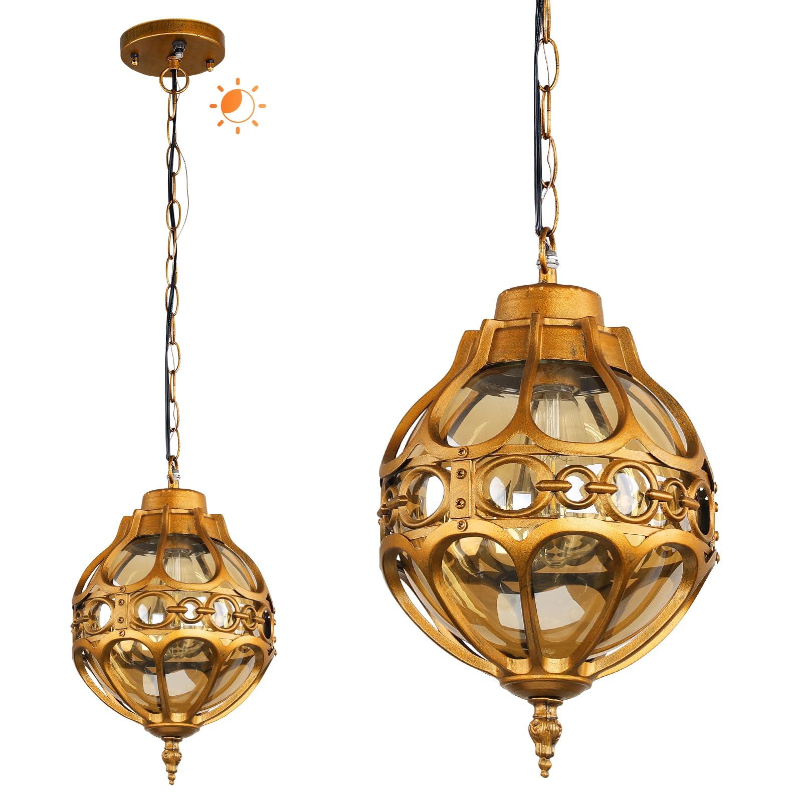 Lukvuzo Dusk to Dawn Globe Outdoor Pendant Light with Adjustable Chain Aluminum Brass Fixture for Porch Gazebo with Sensor #LLU0820L155