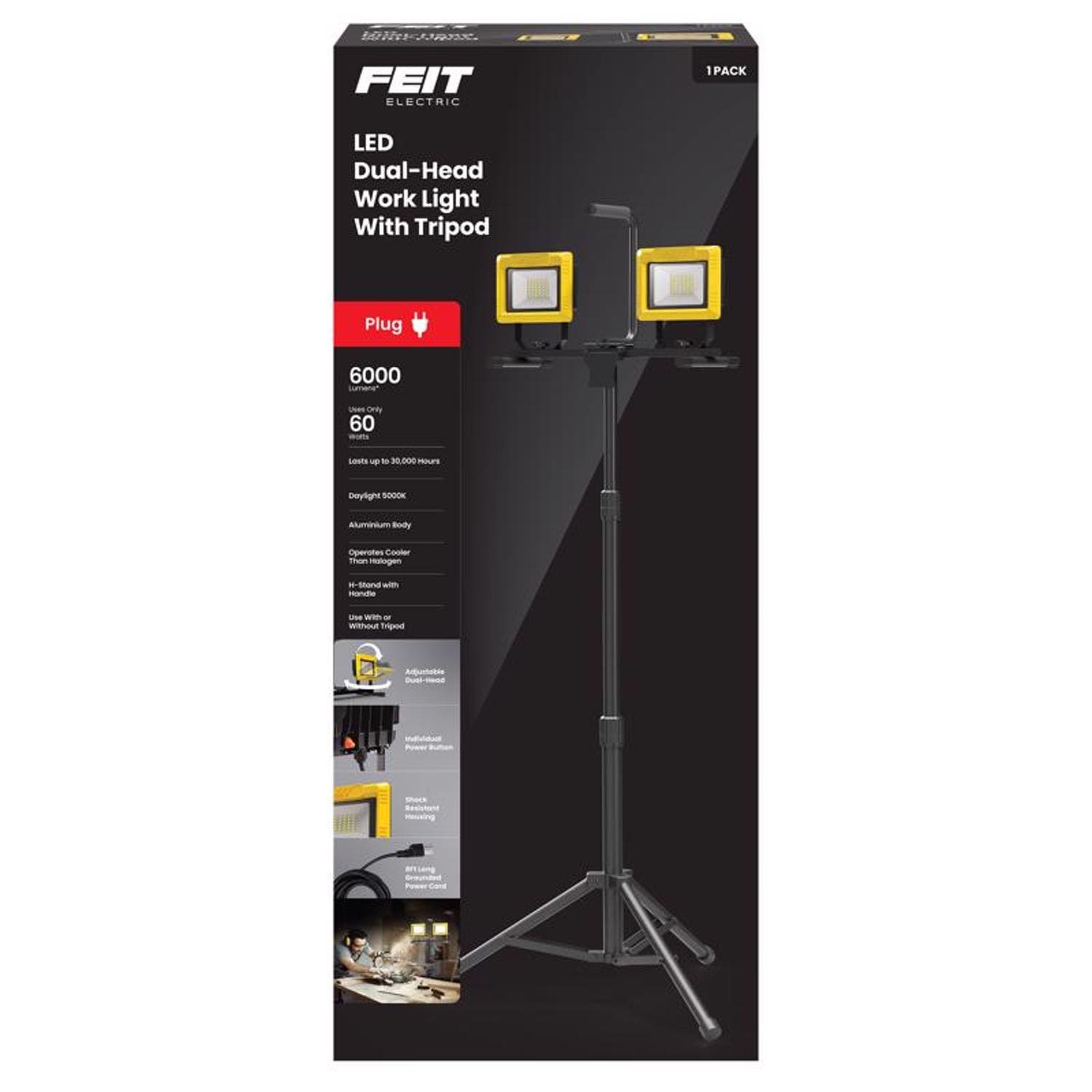 Feit Electric - Feit Pro Series 6000 lm LED Dual Power Tripod Work Light