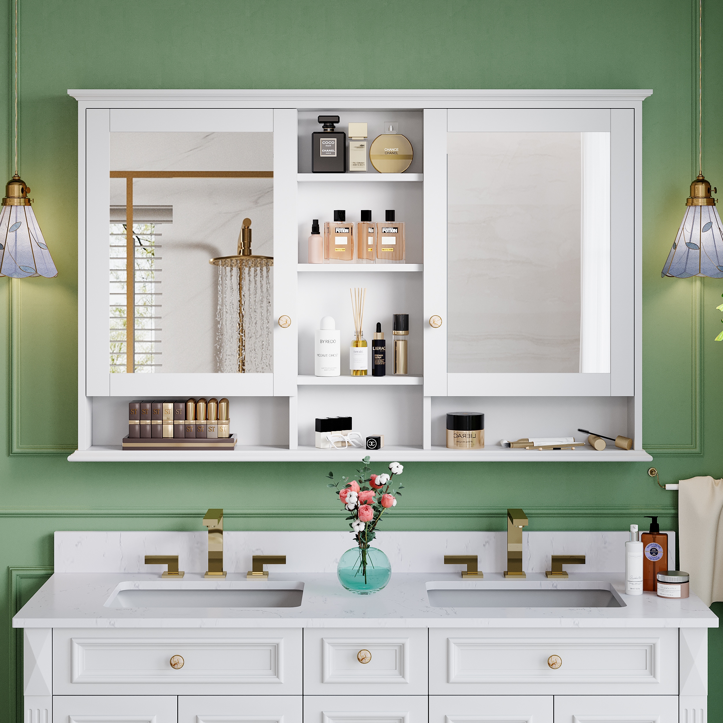 ANGELES HOME  55-in x 35-in Surface Mount Solid Wood White Mirror Rectangle Soft Close Medicine Cabinet