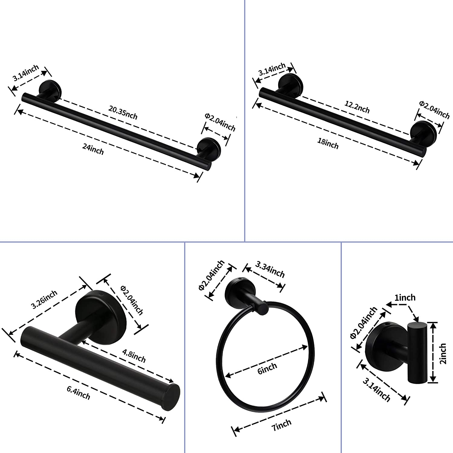 6-Piece Black Stainless Steel Wall Mounted Bathroom Accessories Sets