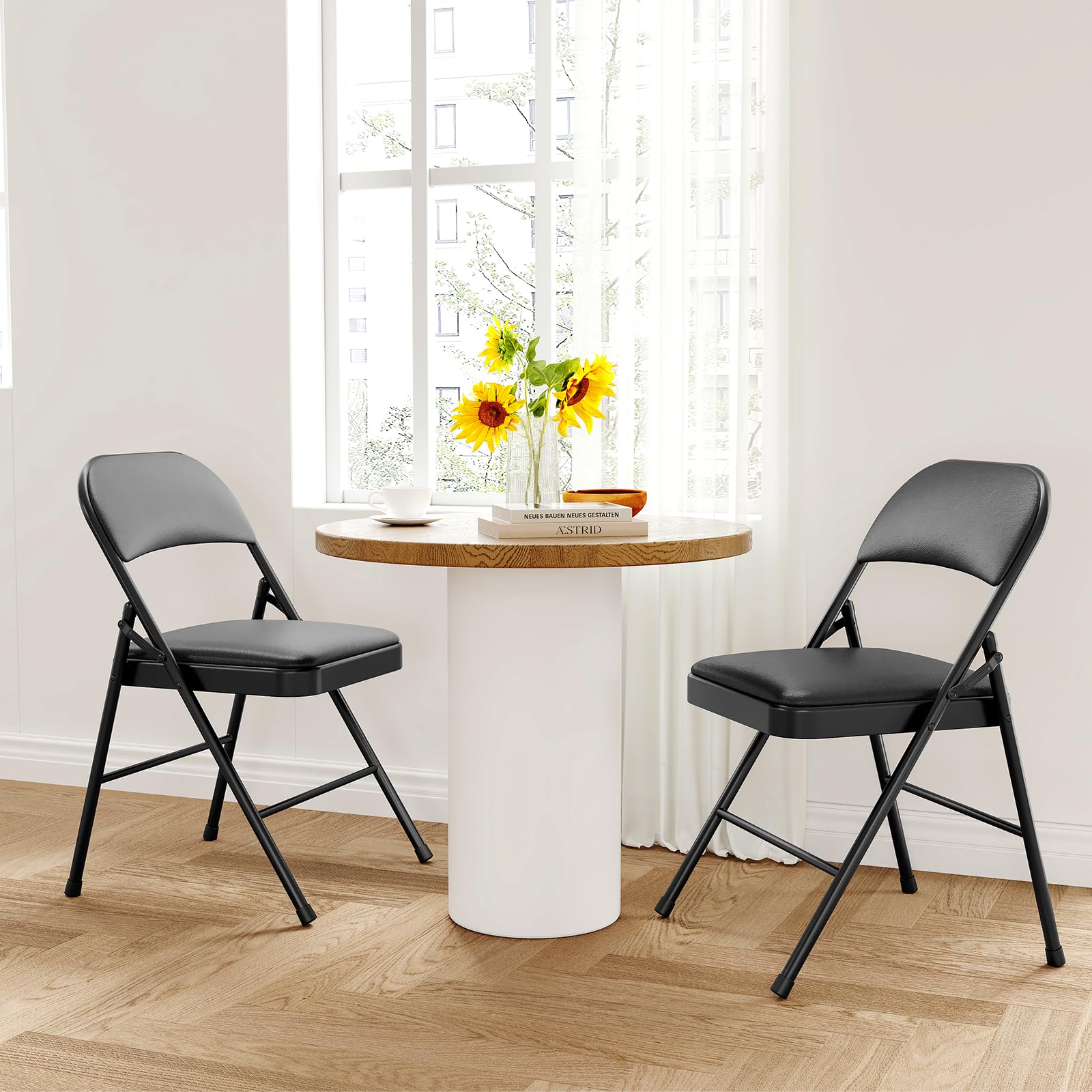 DEXSO - 2 Pack Black Padded Folding Chairs PU Leather Sponge Cushion Metal Frame 19.5Dx18.5Wx29.5...