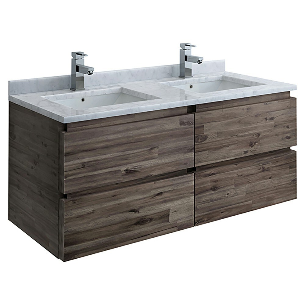 Transitional 48" Double Sink Wall-Mounted Vanity in Brown with Quartz Top