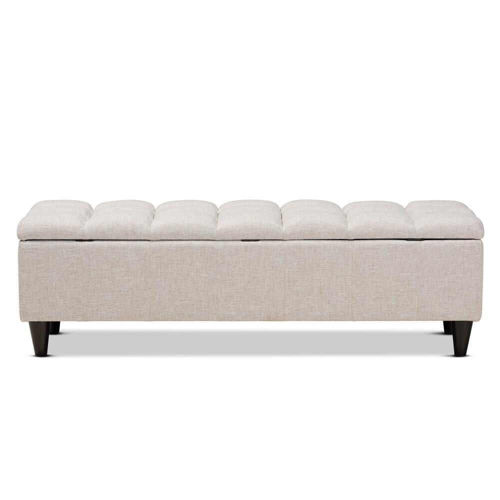 Beige Tufted Fabric Storage Bench with Dark Wood Legs