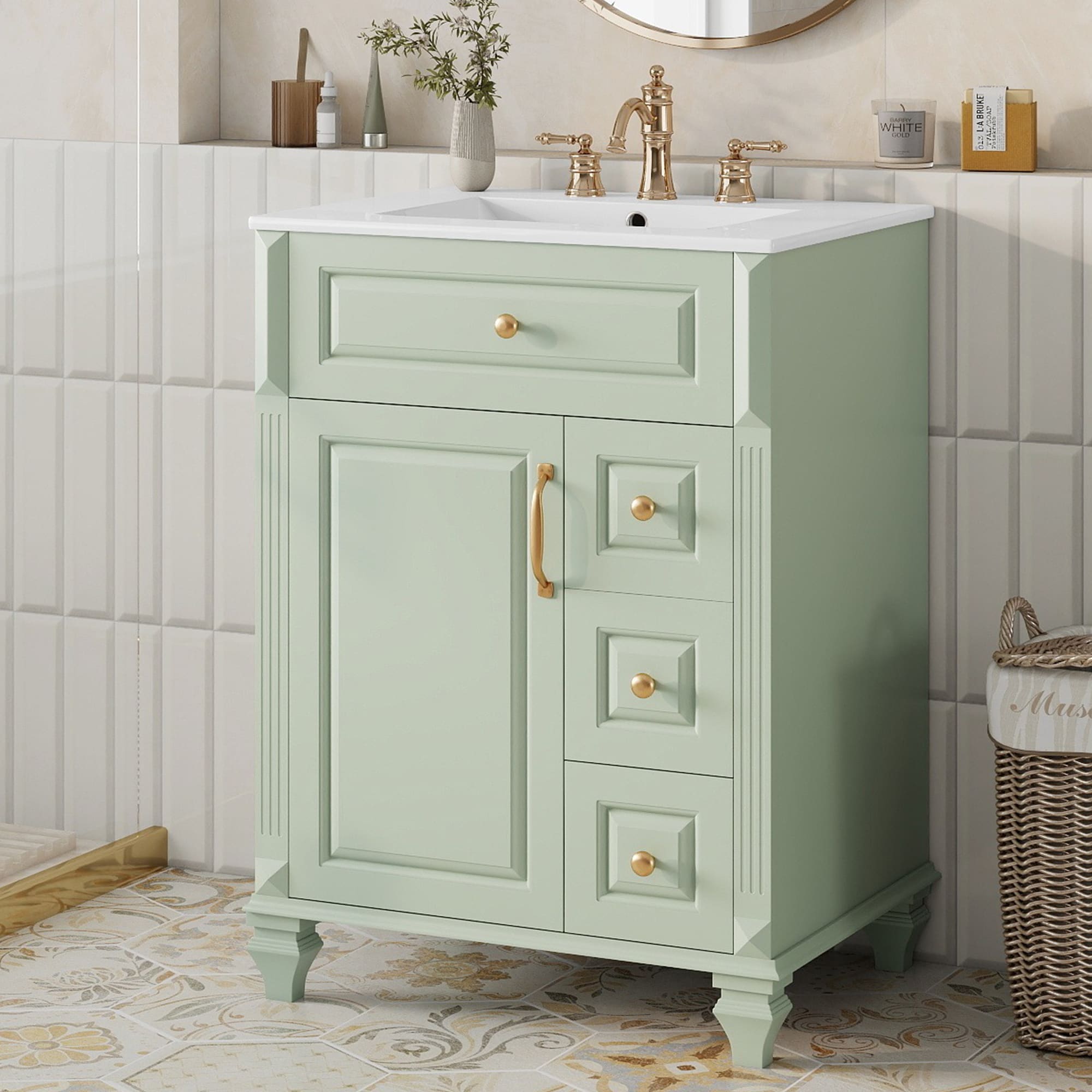 ModernLuxe 24 Inch Bathroom Vanity with Sink Green Freestanding Vanity Cabinet with Flip Out Drawer 3 Drawers  and  Storage Cabinet Solid Wood  and  MDF Ceramic Sink Top