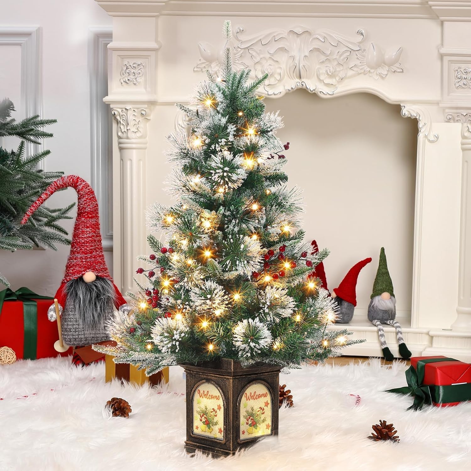 Qeetex 3 FT Pre  Lit Artificial Mini Christmas Tree with 78 Led Lights  and Vintage Bells Base Festive Tabletop Xmas Decor with Berries for Home  Office  or Outdoor Use