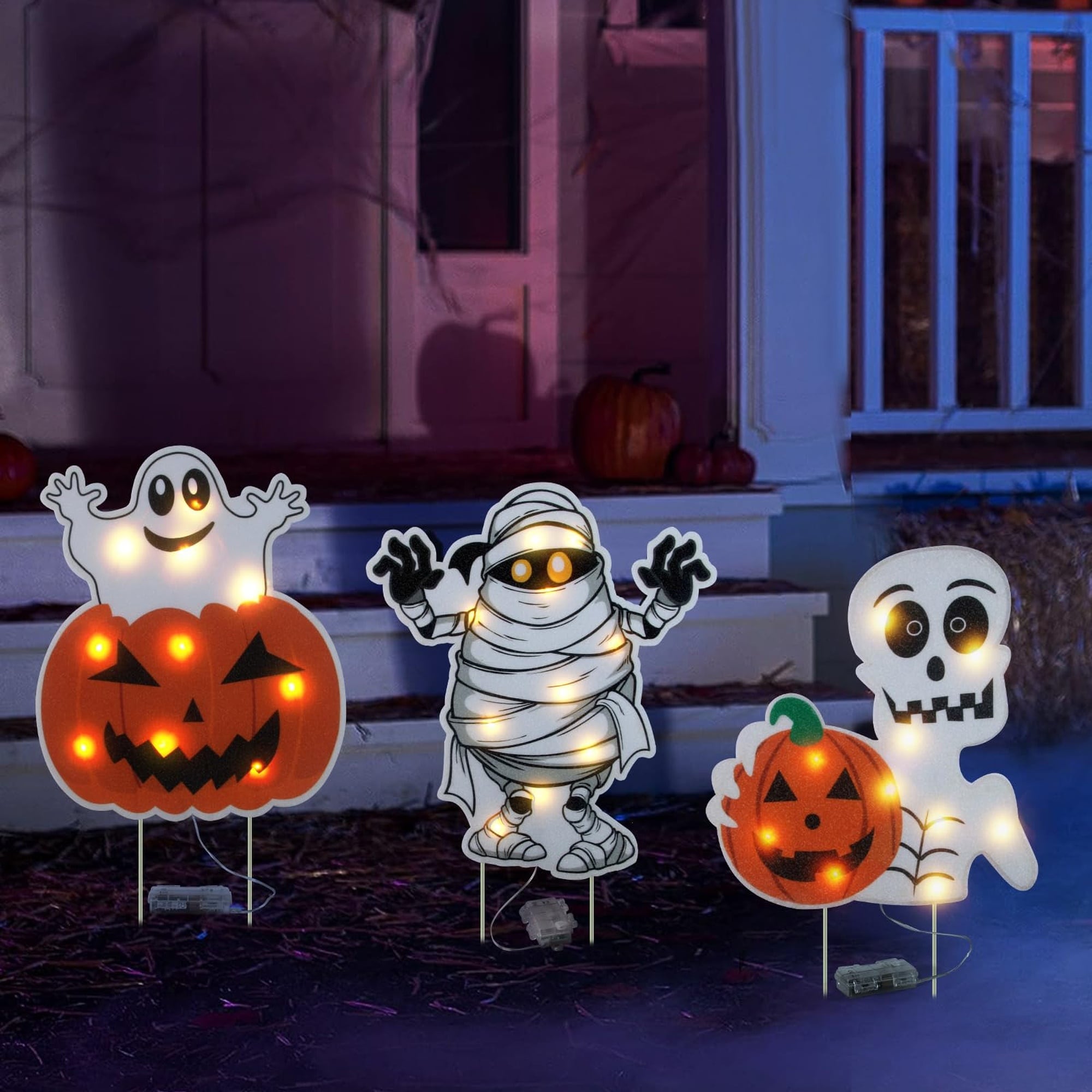 Numhew 3-Pc Lighted Halloween Yard Signs Pumpkin Ghost Outdoor Lawn Decor