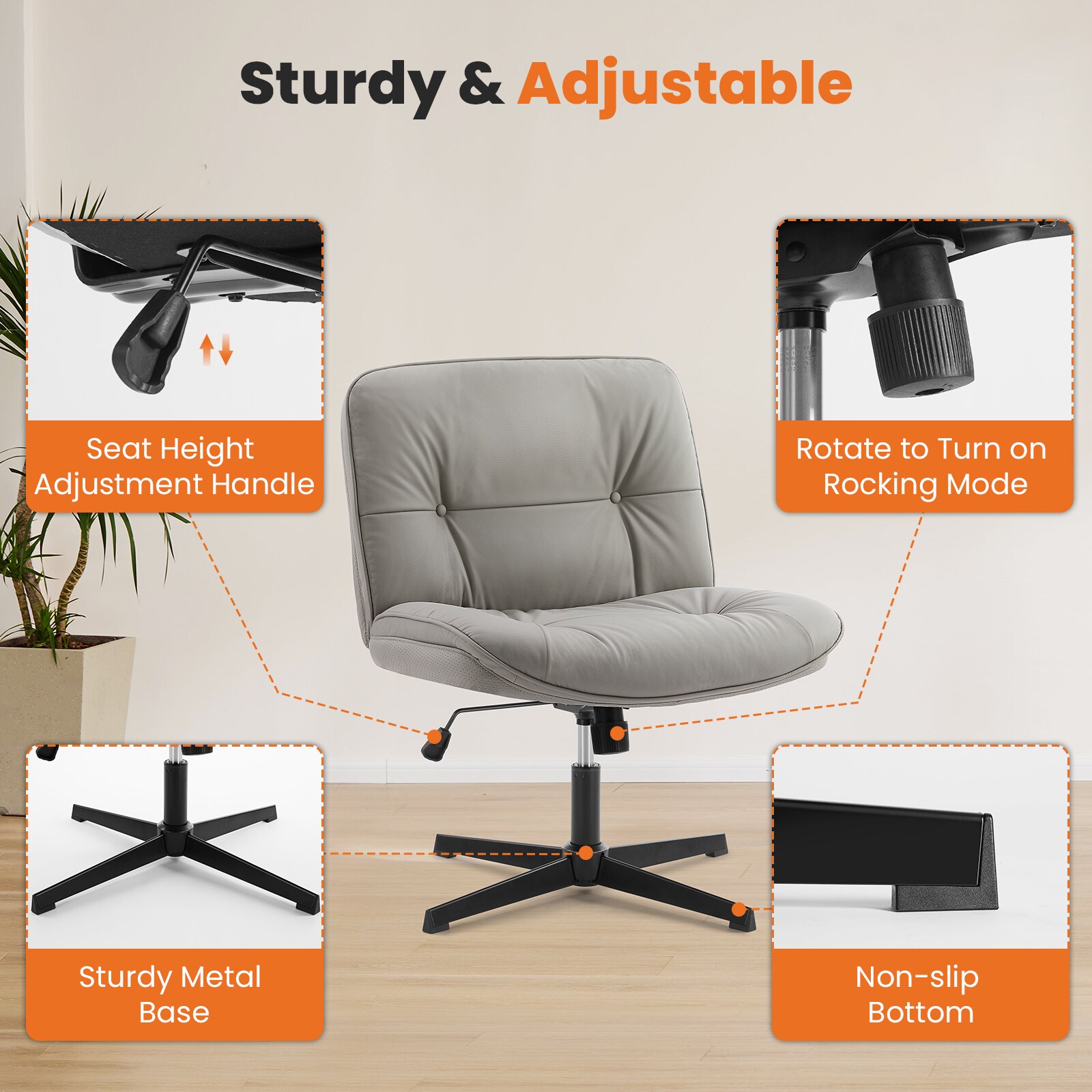 OOU Cross Legged Chair Armless Office Desk Wide Seat No Wheels Swivel ...