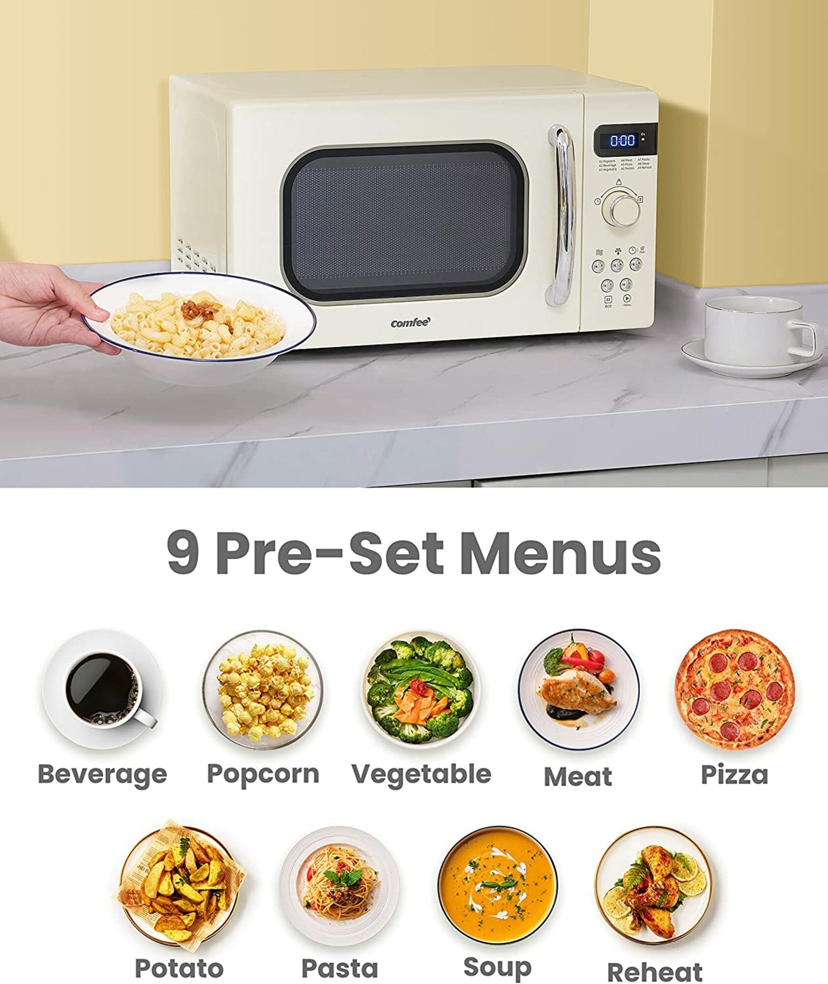 Comfee CM-M091AGN Retro Microwave with Multi-Stage Cooking, 9 Preset Menus and Kitchen Timer, Mute Function, Eco Mode, LED Digital Display, 0.9 CU.FT