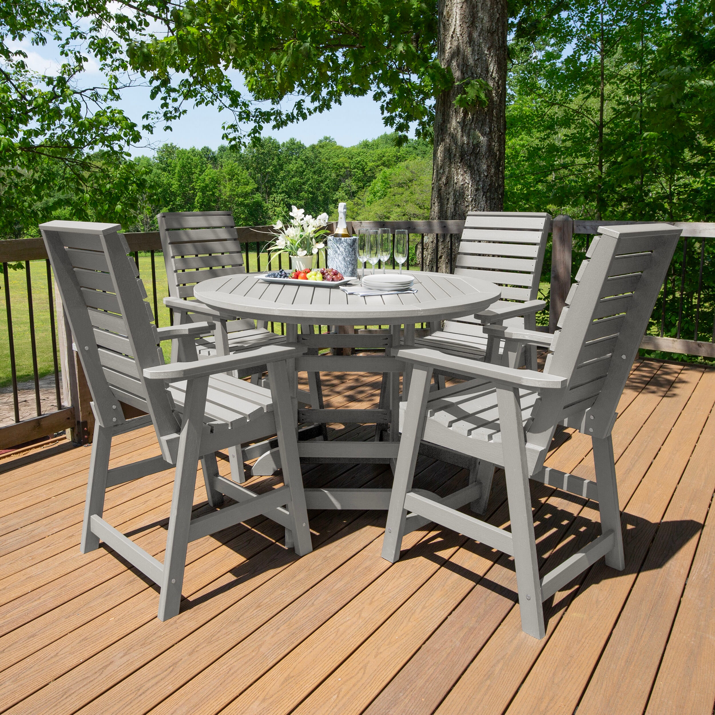 highwood AD-CNW48-HGR Weatherly 5 -Piece Harbor Gray Bar Height Patio Dining Set Plastic Round Table with 4 Stationary Chairs