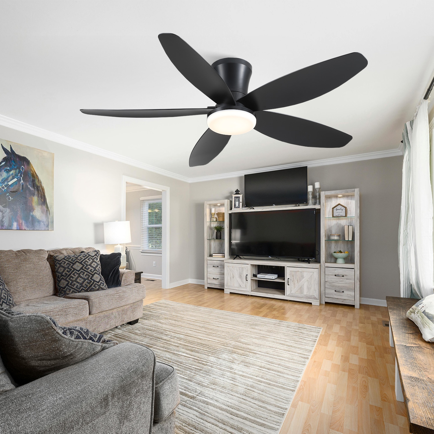 Kviflon 42 in Black Flush Mount Ceiling Fan with Light Modern Low Profile Ceiling Fan with Quiet Reversible DC Motor 6 Speeds Dimmable LED Remote and App Control for Living Room and Patio