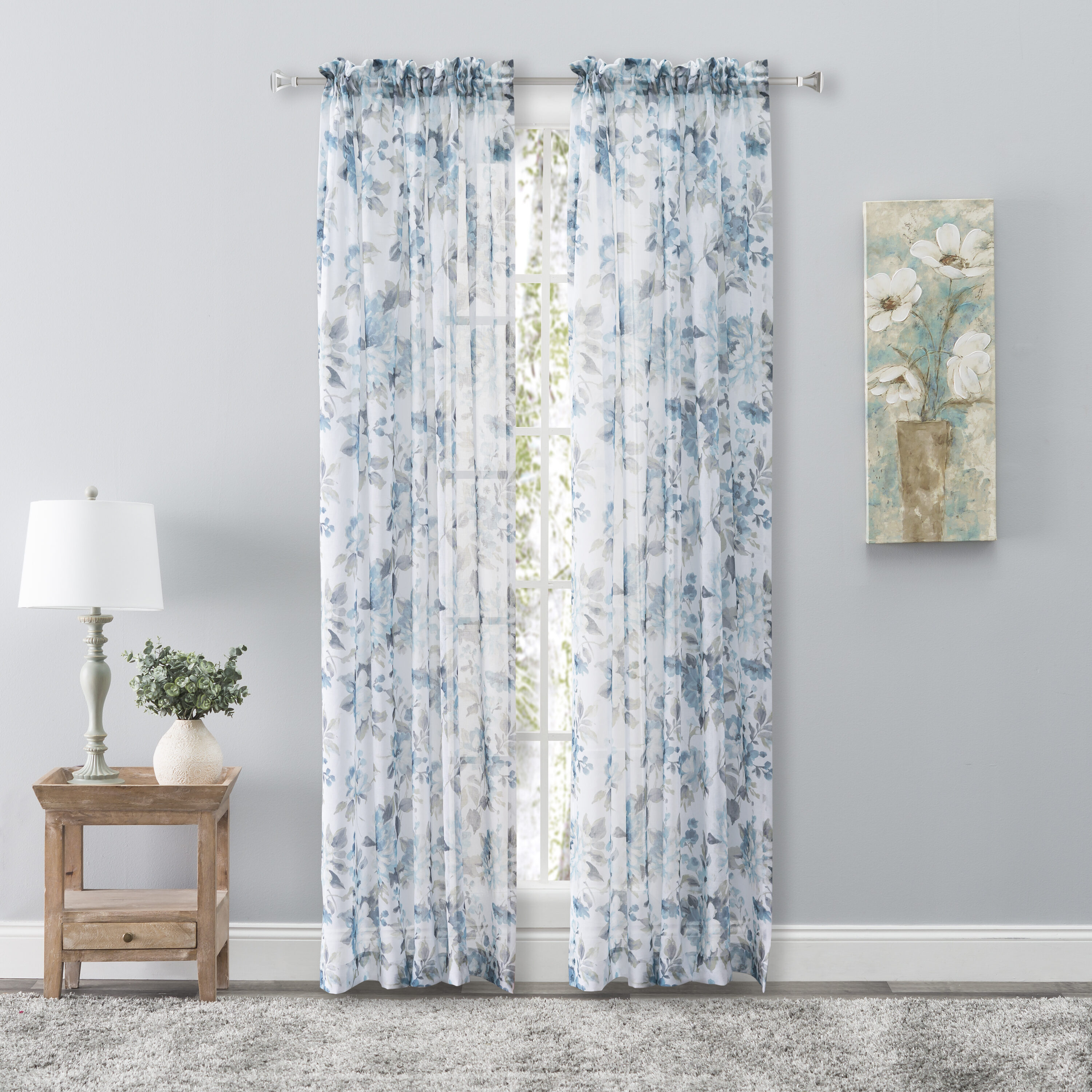 Ricardo Whimsical Semi-Sheer Floral Rod Pocket Curtain Panel 54W x 63L - Blue