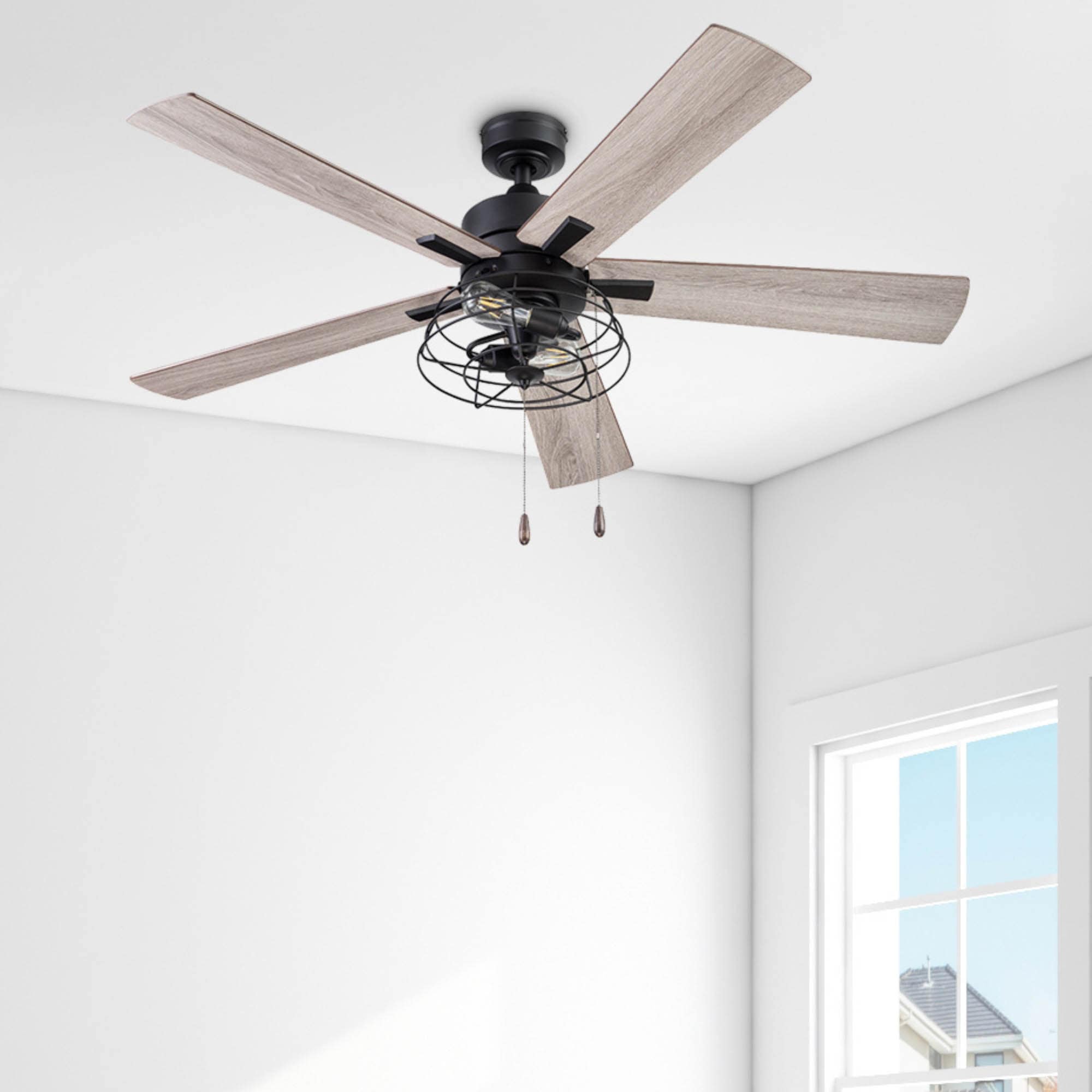 Marshall 52" Matte Black Industrial Ceiling Fan with Gray Oak Blades