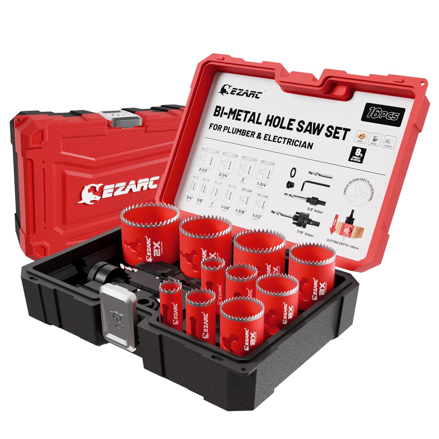 EZARC -  Hole Saw Kit 16Pcs Bi-Metal Hole Saw Set with 3/4-in to 2-1/2-in (19-64mm) Mandrels Dril...