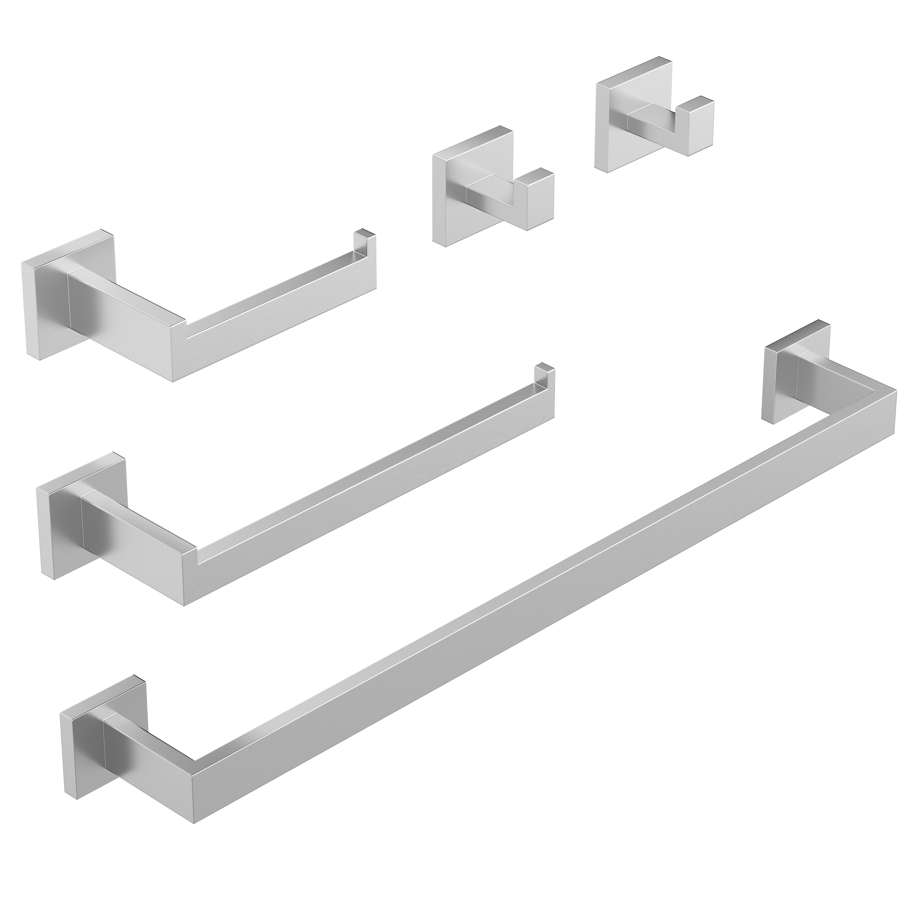 Velusian 5 Pcs Bathroom Hardware Set Decorative Square Towel Bar Toilet Paper Holder Robe Hook Brushed Nickel