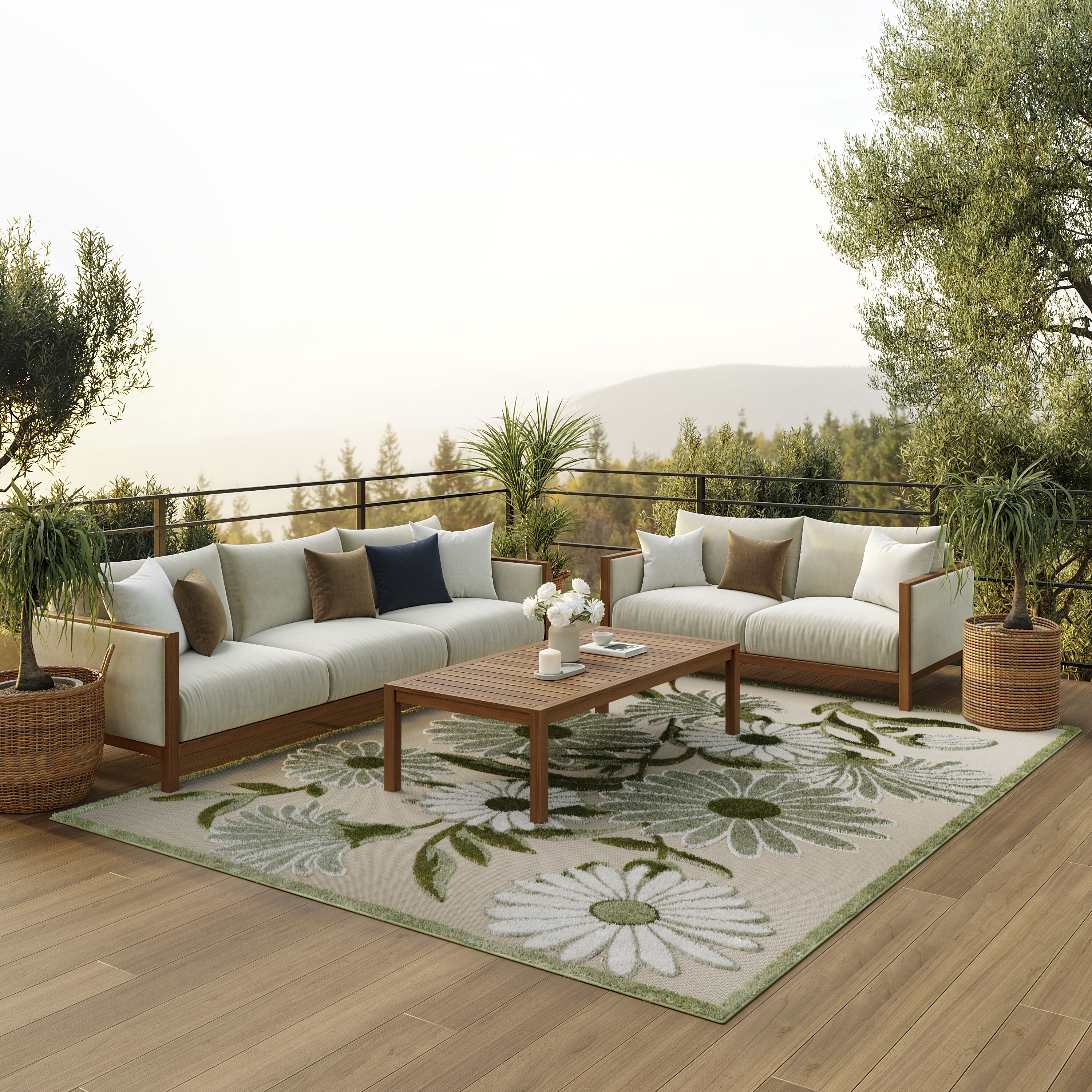 Nourison Home 099446953568 10 x 14 (ft) Loomed Polypropylene Ivory Green Rectangular Indoor/Outdoor Floral/Botanical Tropical Area rug