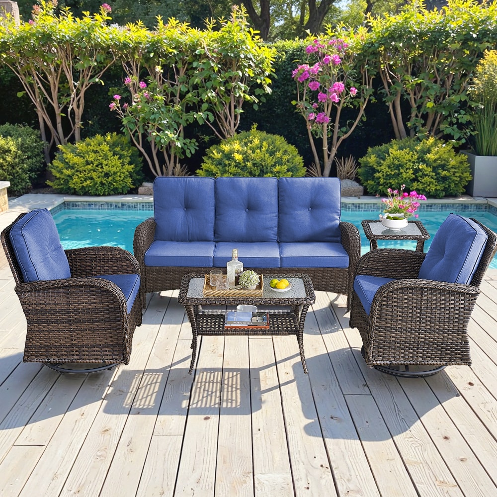 Outdoor Conversation Set 5 -Piece Wicker Patio Sofa Conversation Set with Blue Cushions