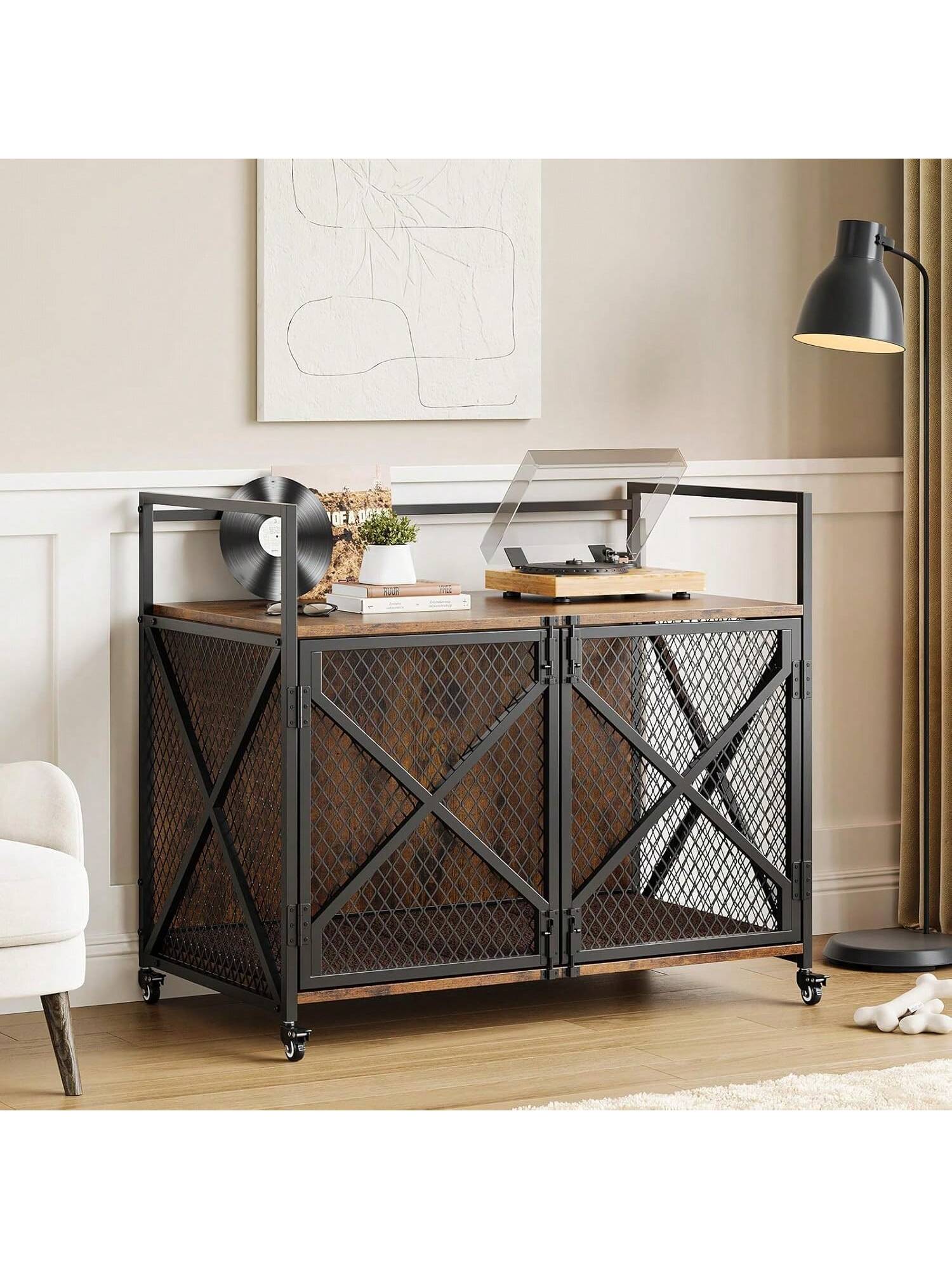 WhizMax Furniture Style Dog Crate with Locking Casters and Divider Wooden Kennel for Large Dogs Indoor Pet Cage with Removable Tray Rustic Brown 31 Inch #GGL-PHO-34SLX9HV