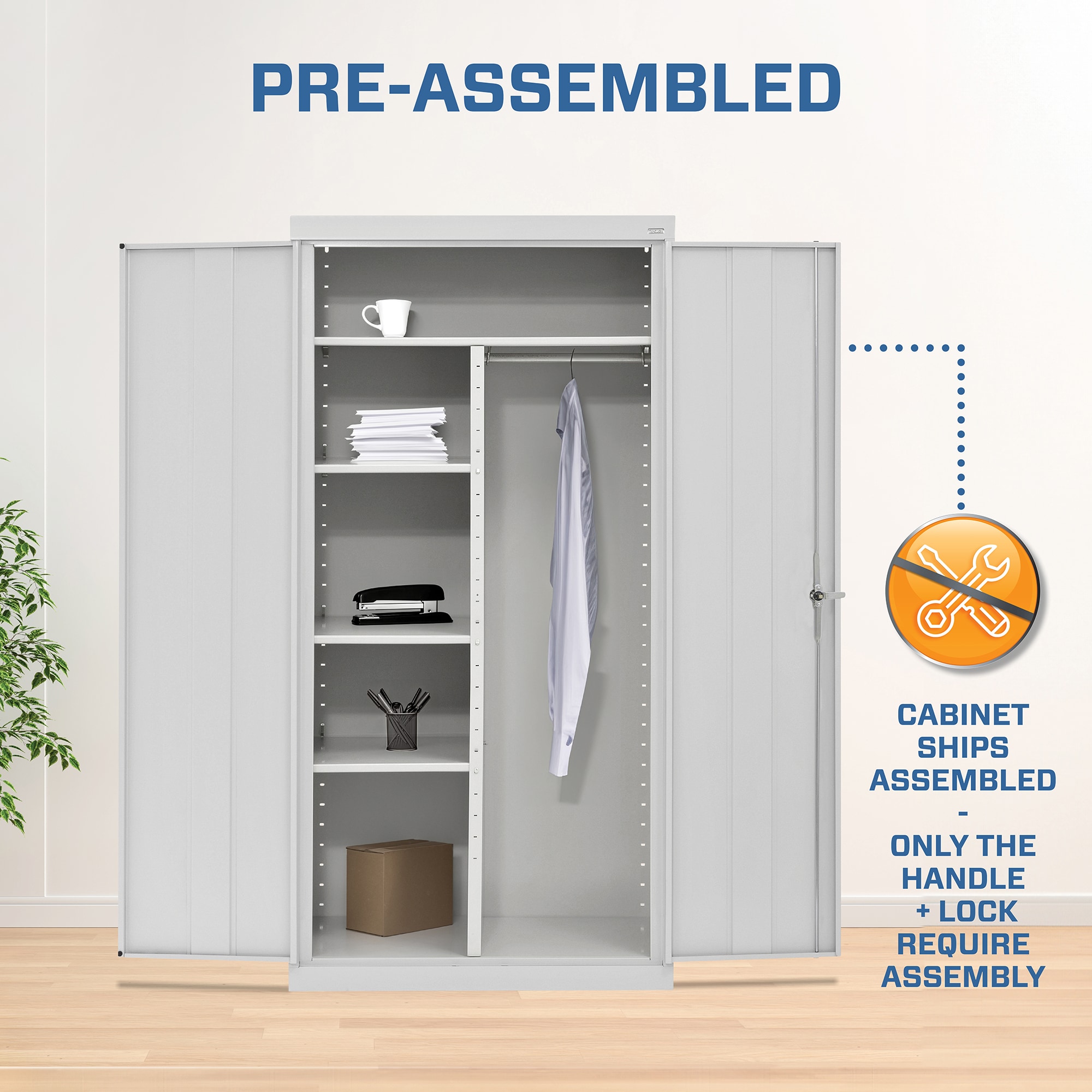 Gray Steel Freestanding Lockable Office Cabinet with Adjustable Shelving