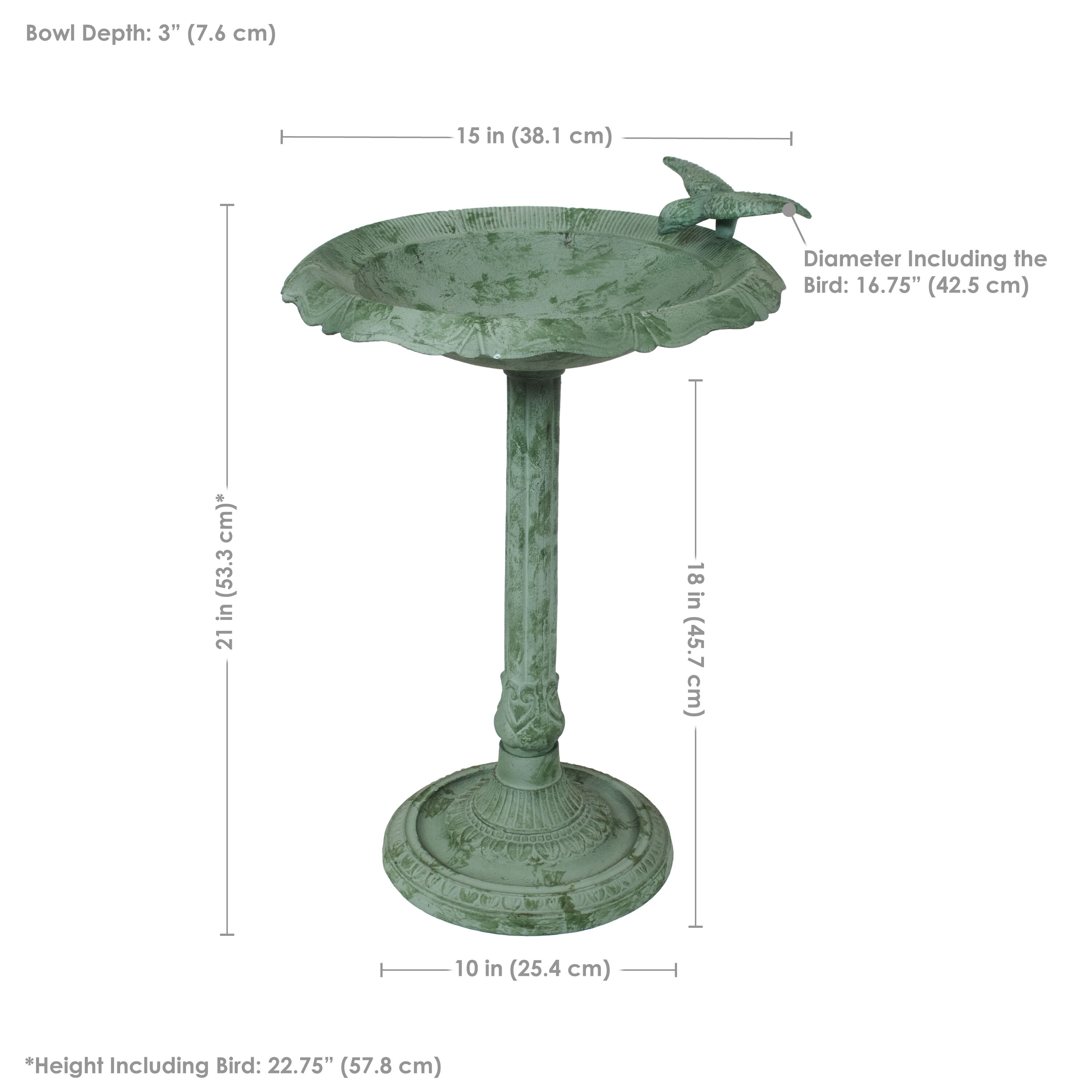 Green Patina Cast Aluminum Garden Bird Bath with Sculpture
