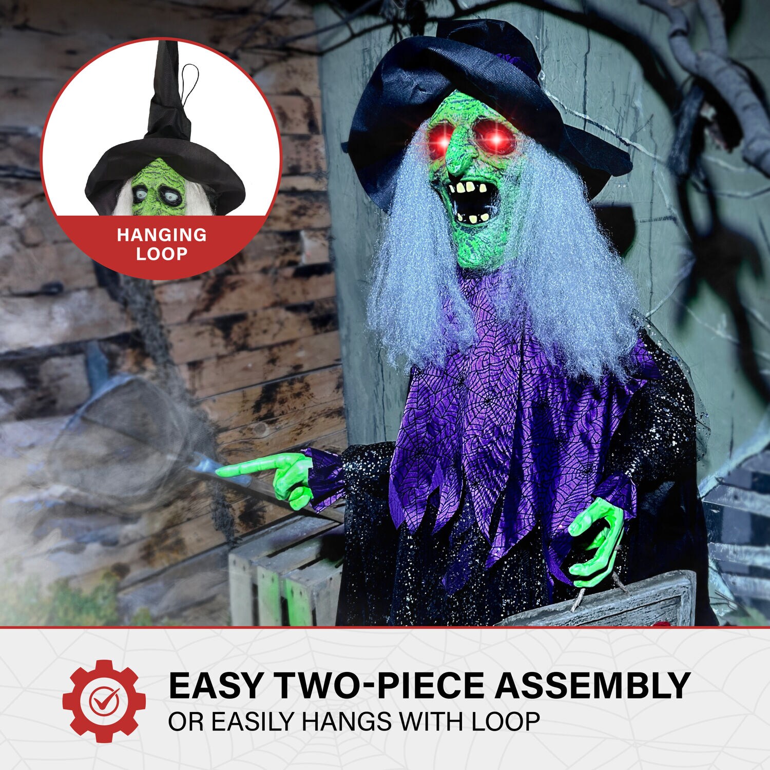 43" Green and Purple Animatronic Witch with LED Eyes